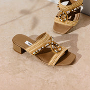 Taupe Crystal Bead Straw Heeled Sandals