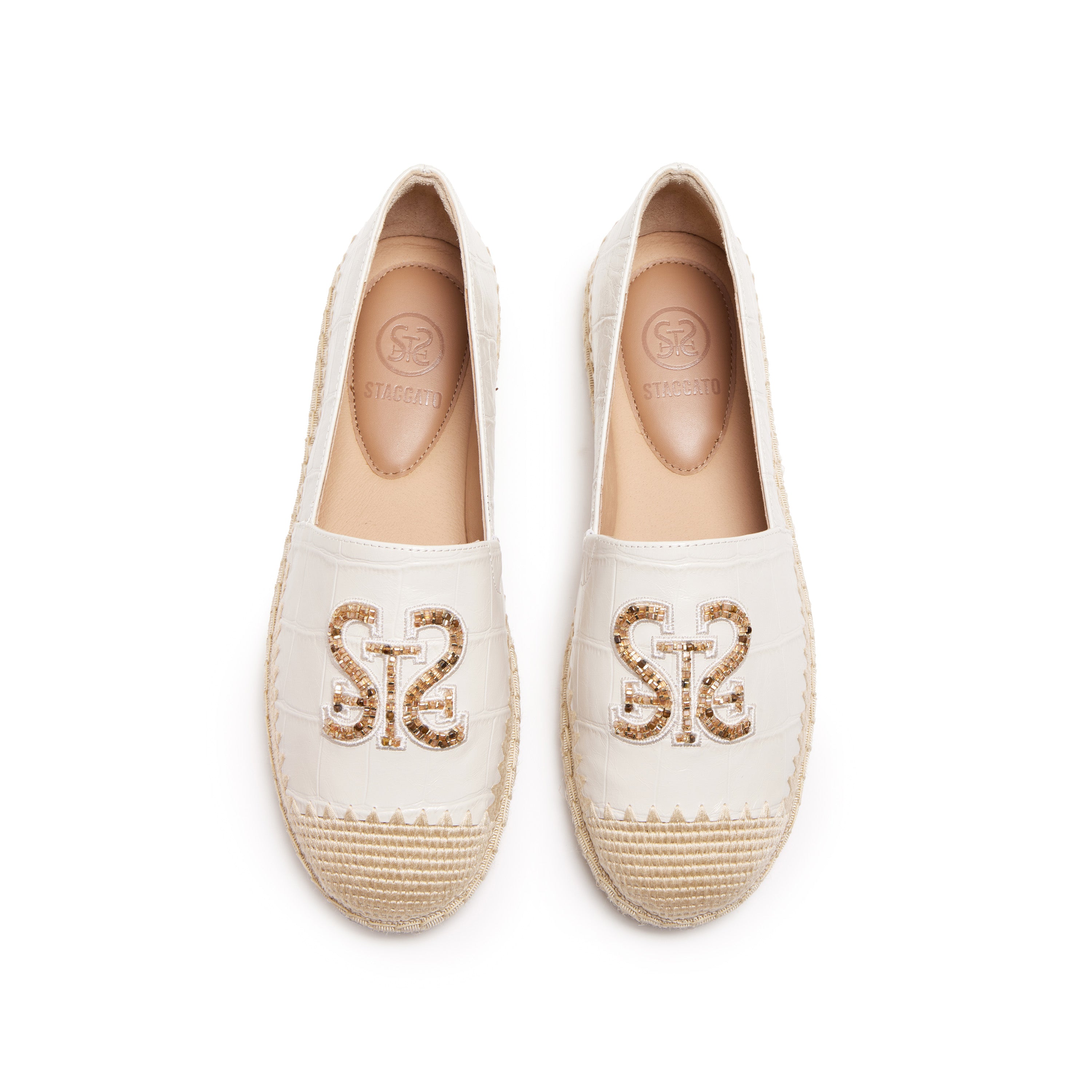 Beige Embossed ST Logo Gold Bead Espadrilles
