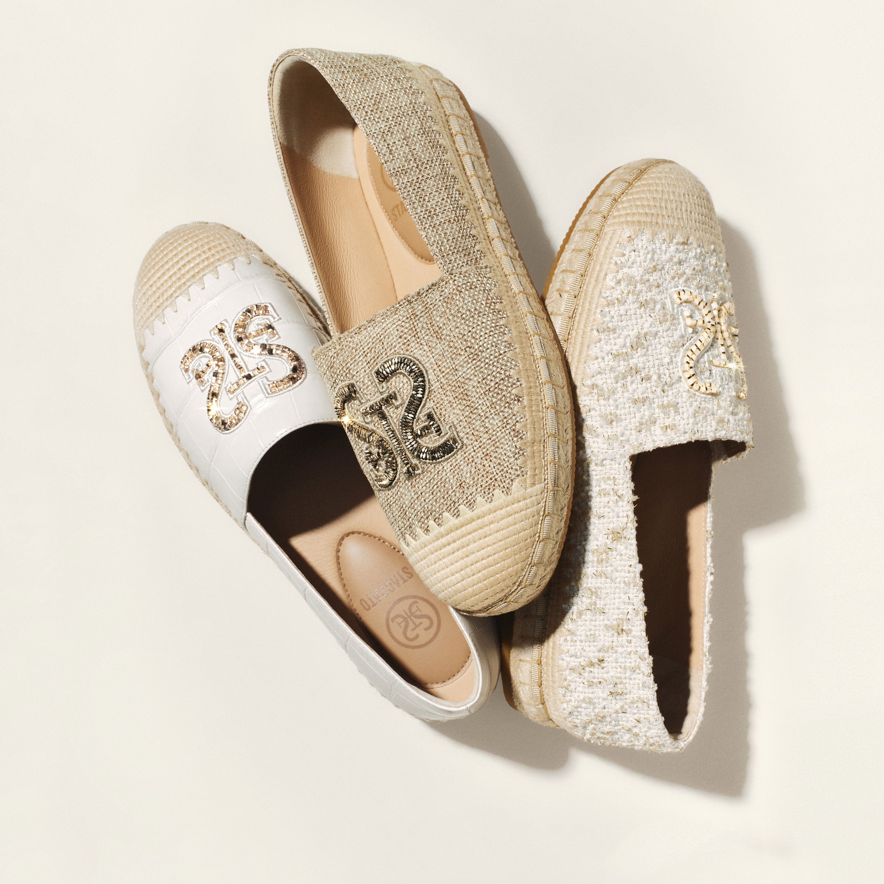 Beige Embossed ST Logo Gold Bead Espadrilles