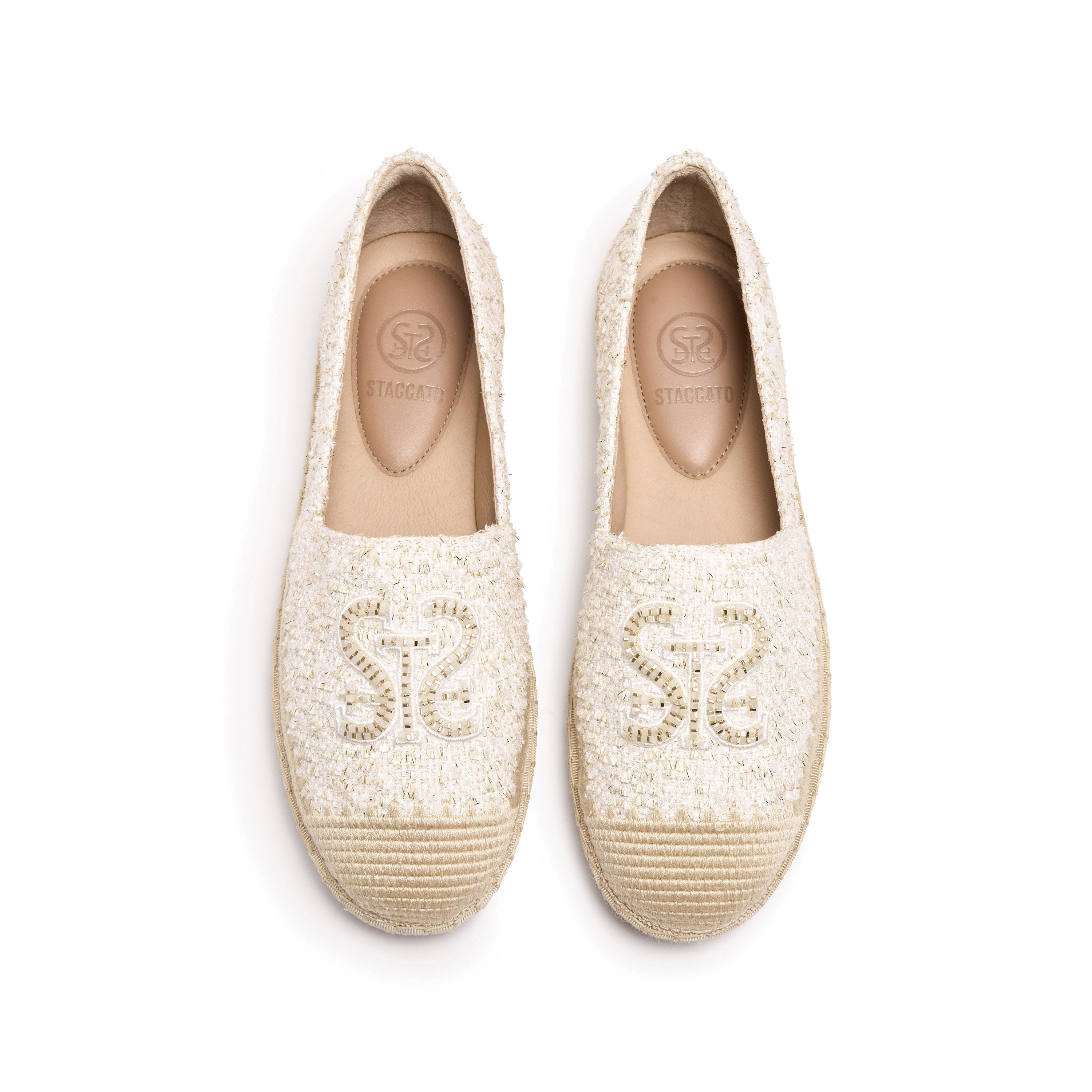Beige Tweed ST Logo Gold Bead Espadrilles