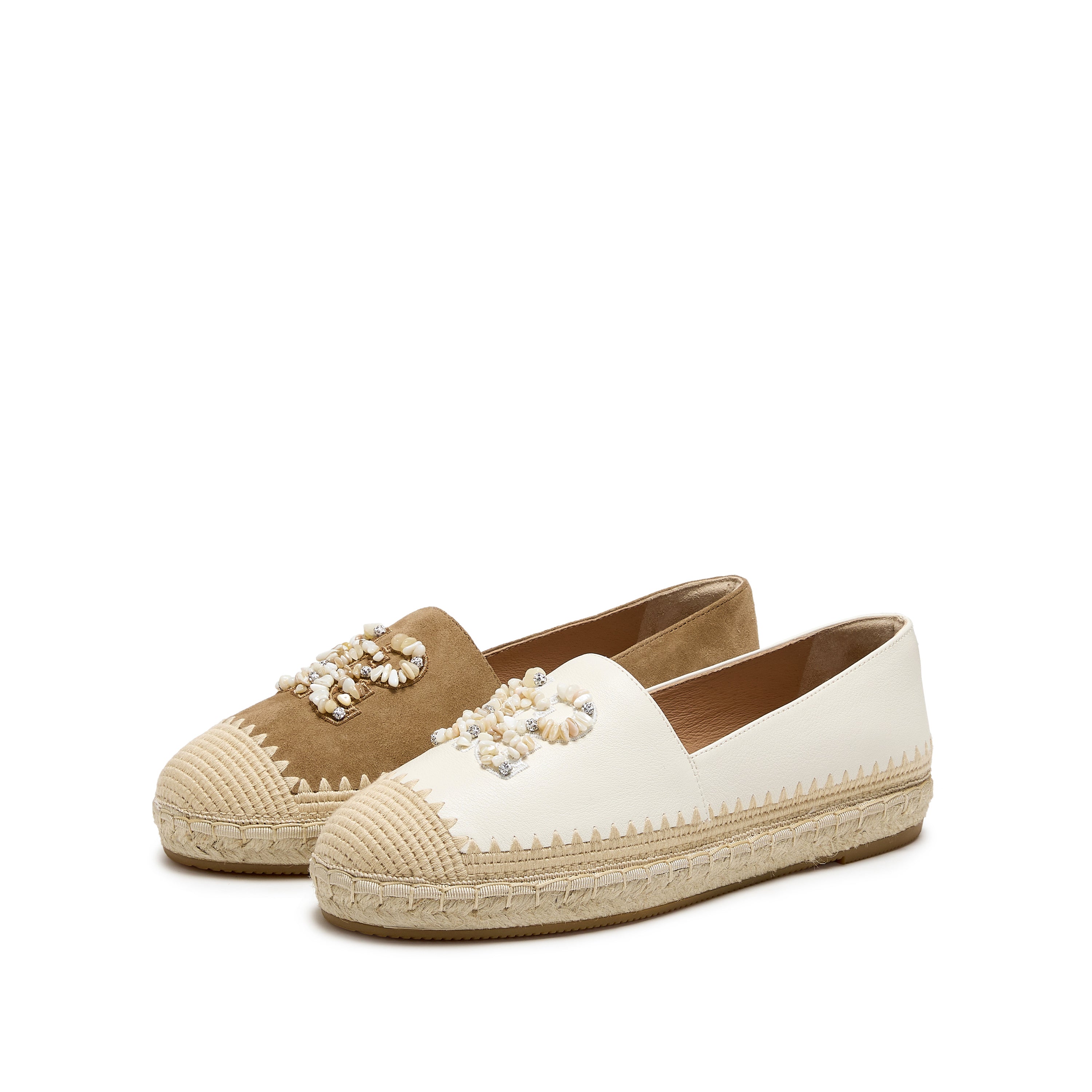 Beige Tweed ST Logo Gold Bead Espadrilles