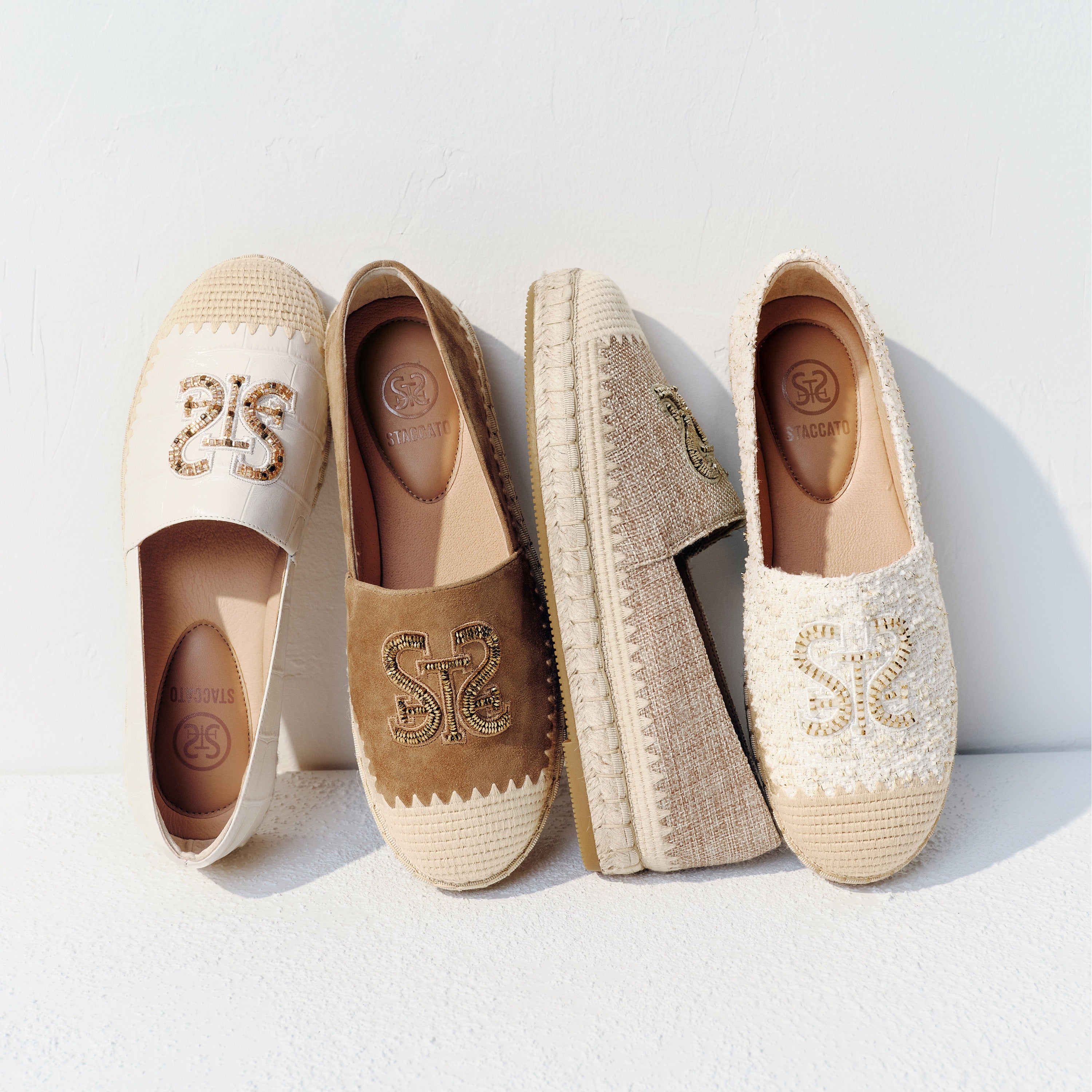 Beige Tweed ST Logo Gold Bead Espadrilles