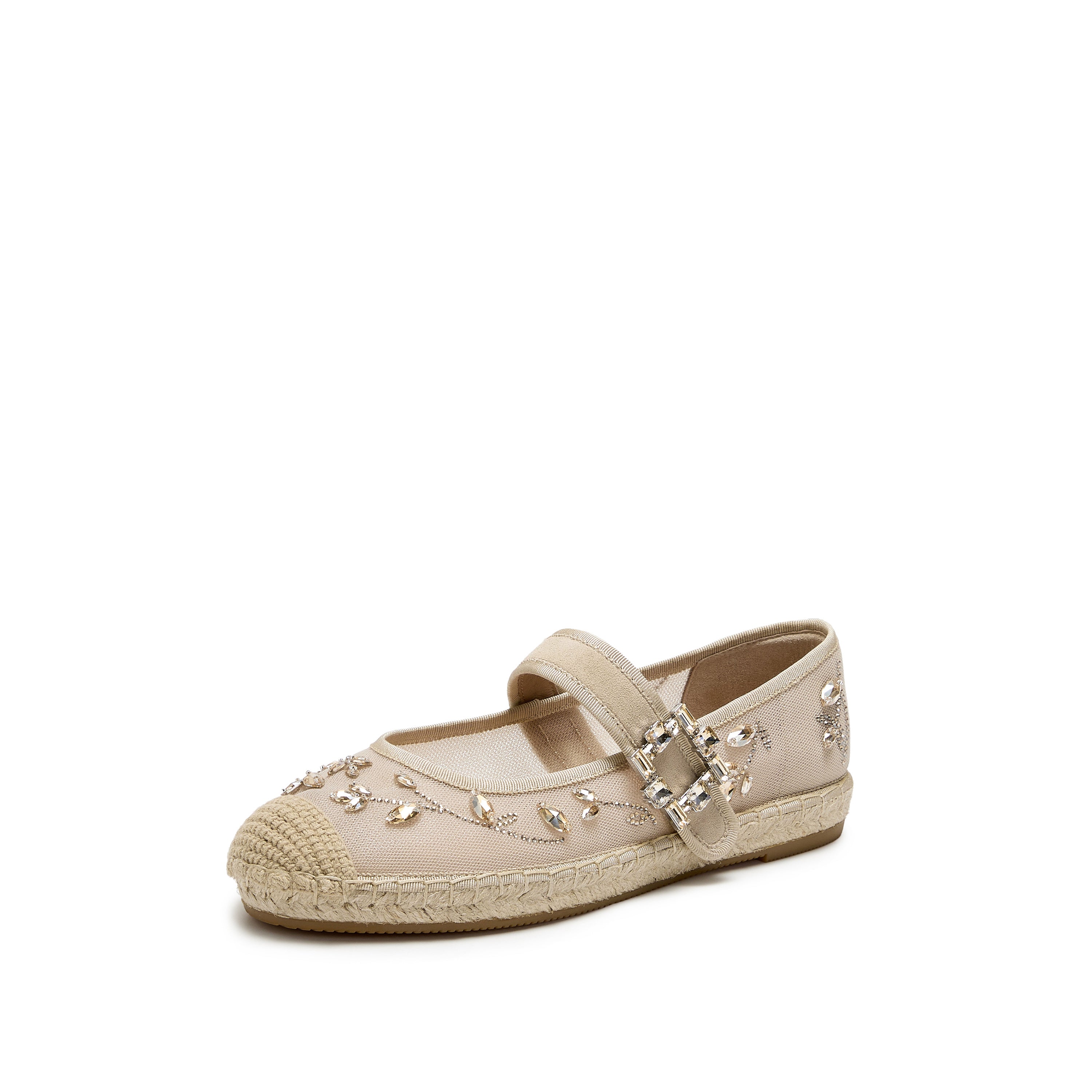 Taupe Crystal Floral Mary Jane Straw Shoes