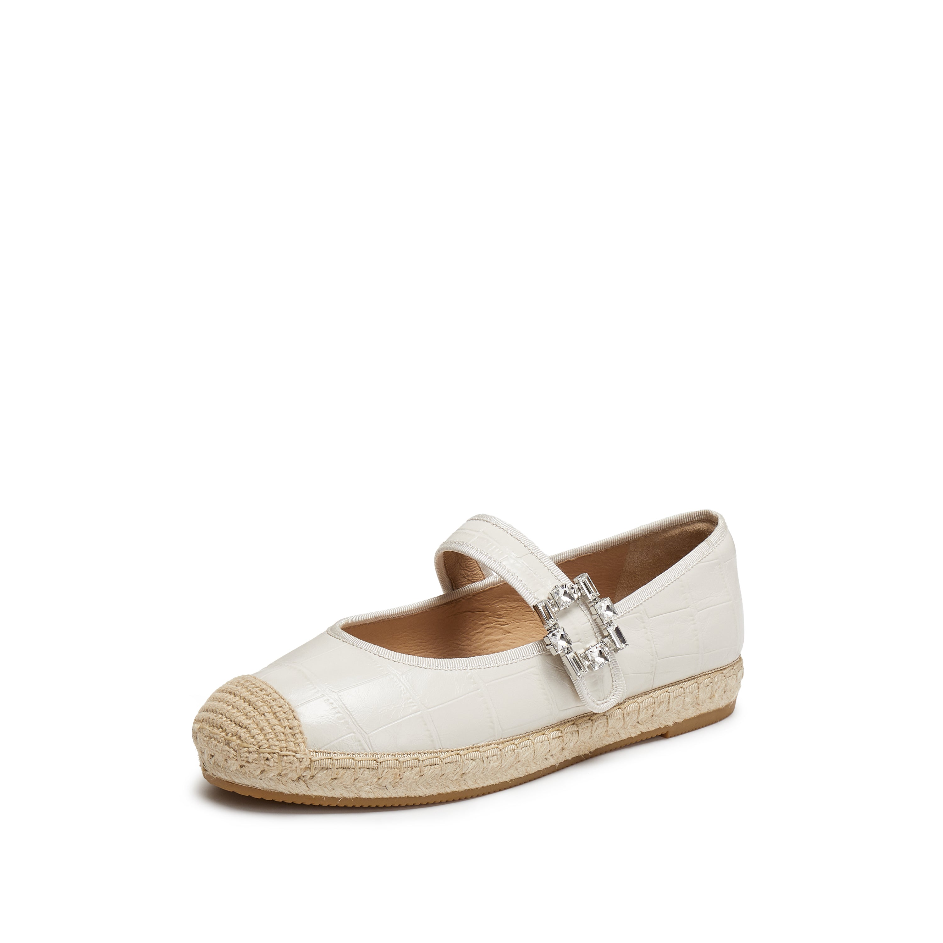Beige Crystal Buckle Mary Jane Straw Shoes