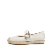 Beige Crystal Buckle Mary Jane Straw Shoes