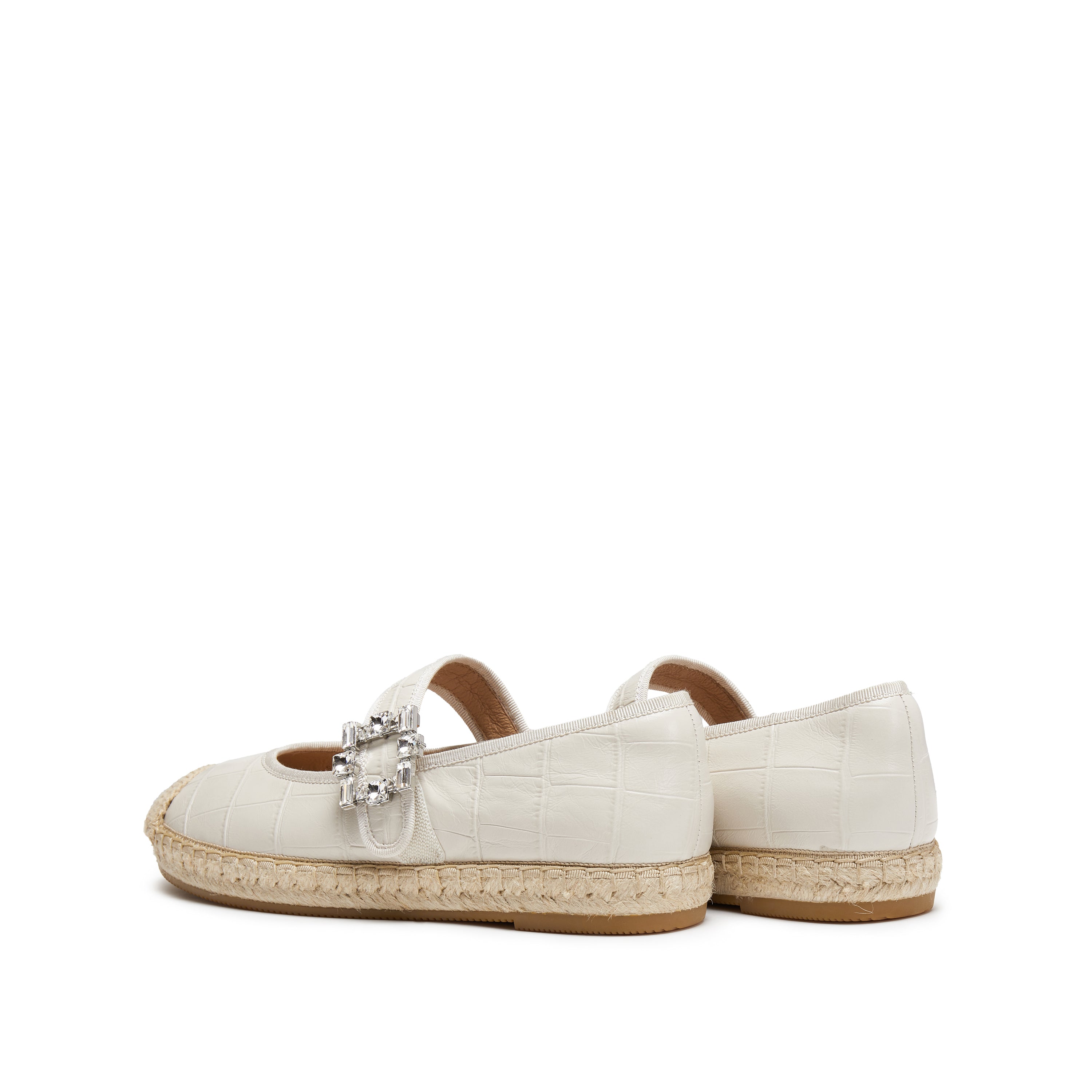 Beige Crystal Buckle Mary Jane Straw Shoes