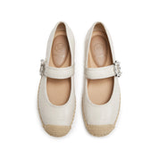 Beige Crystal Buckle Mary Jane Straw Shoes