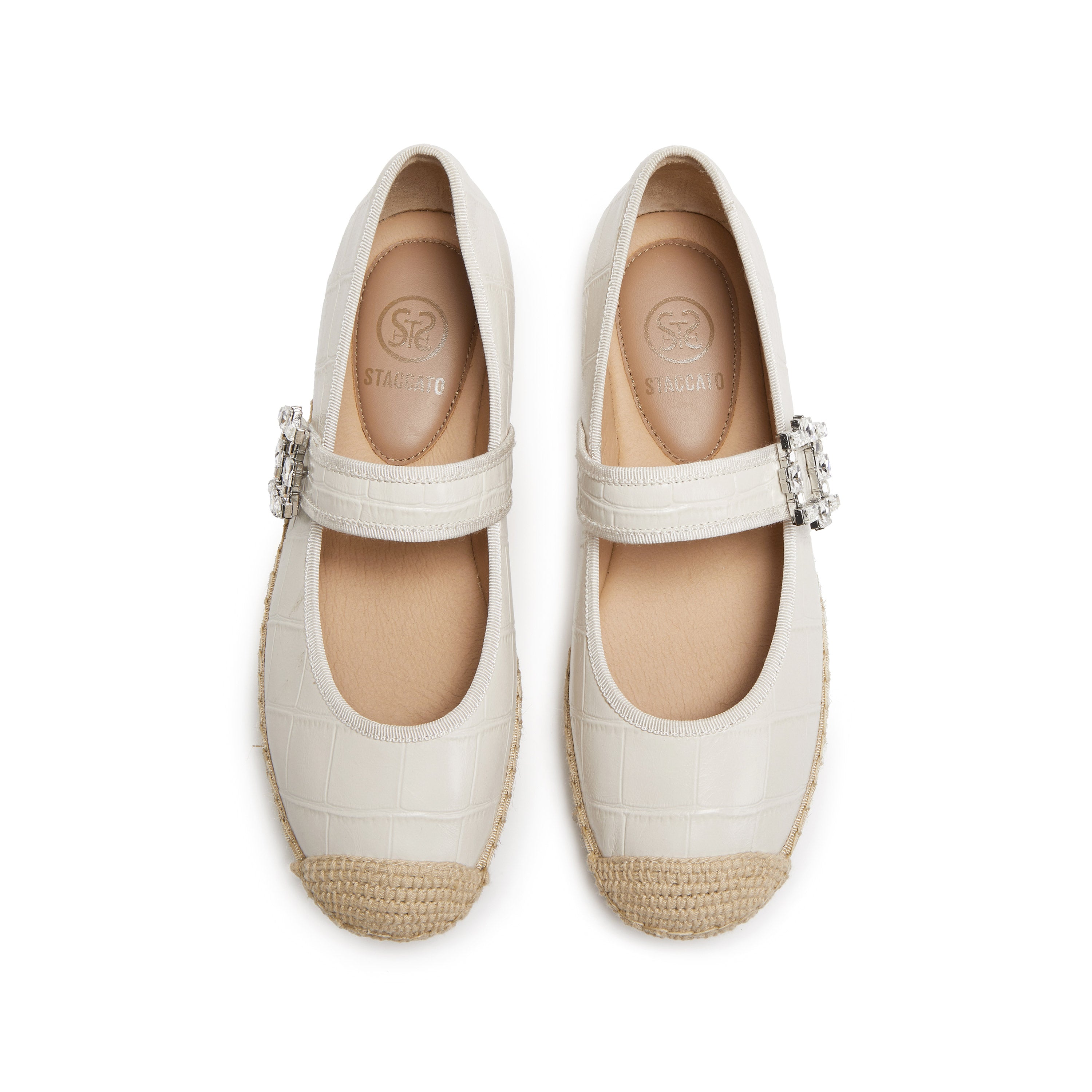 Beige Crystal Buckle Mary Jane Straw Shoes