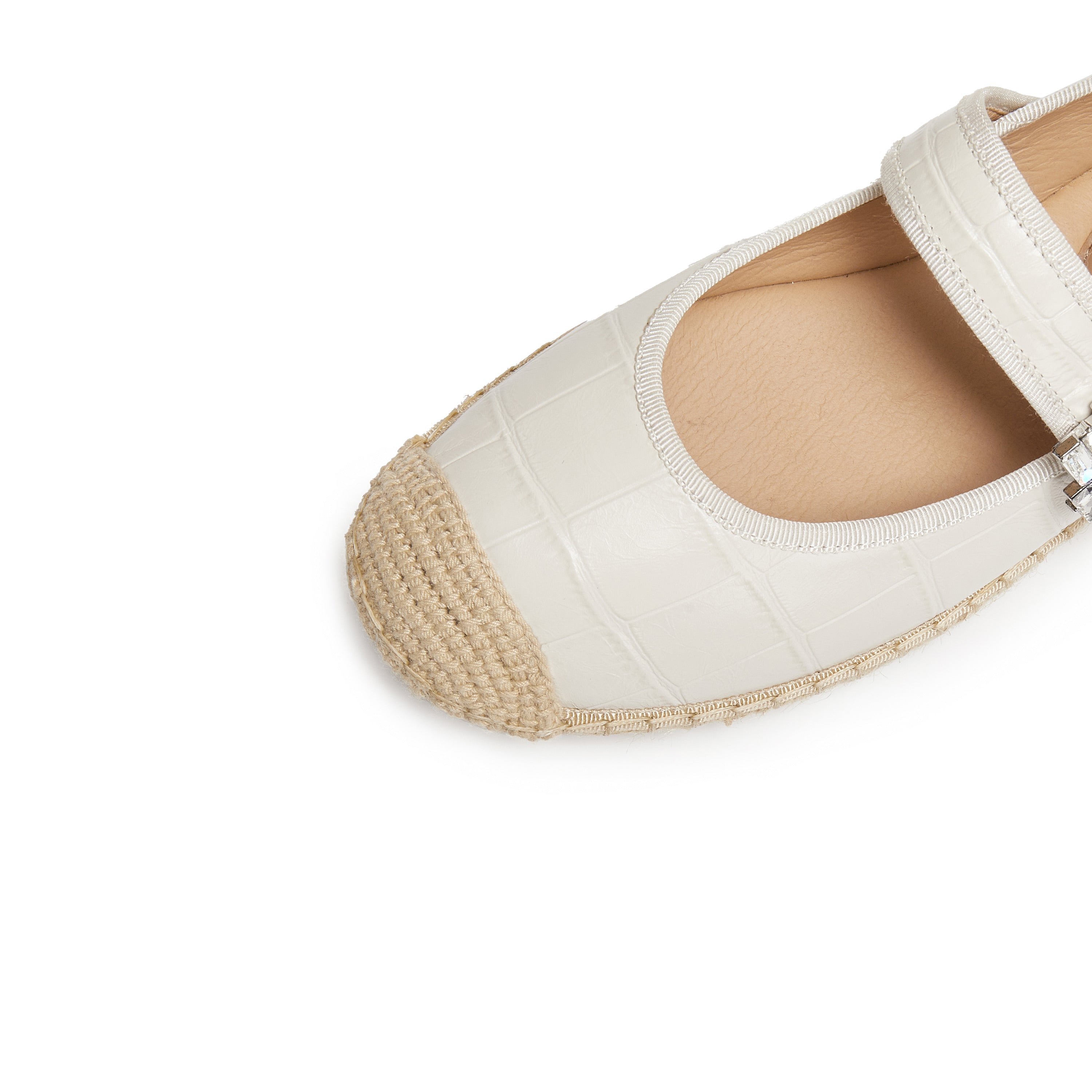 Beige Crystal Buckle Mary Jane Straw Shoes