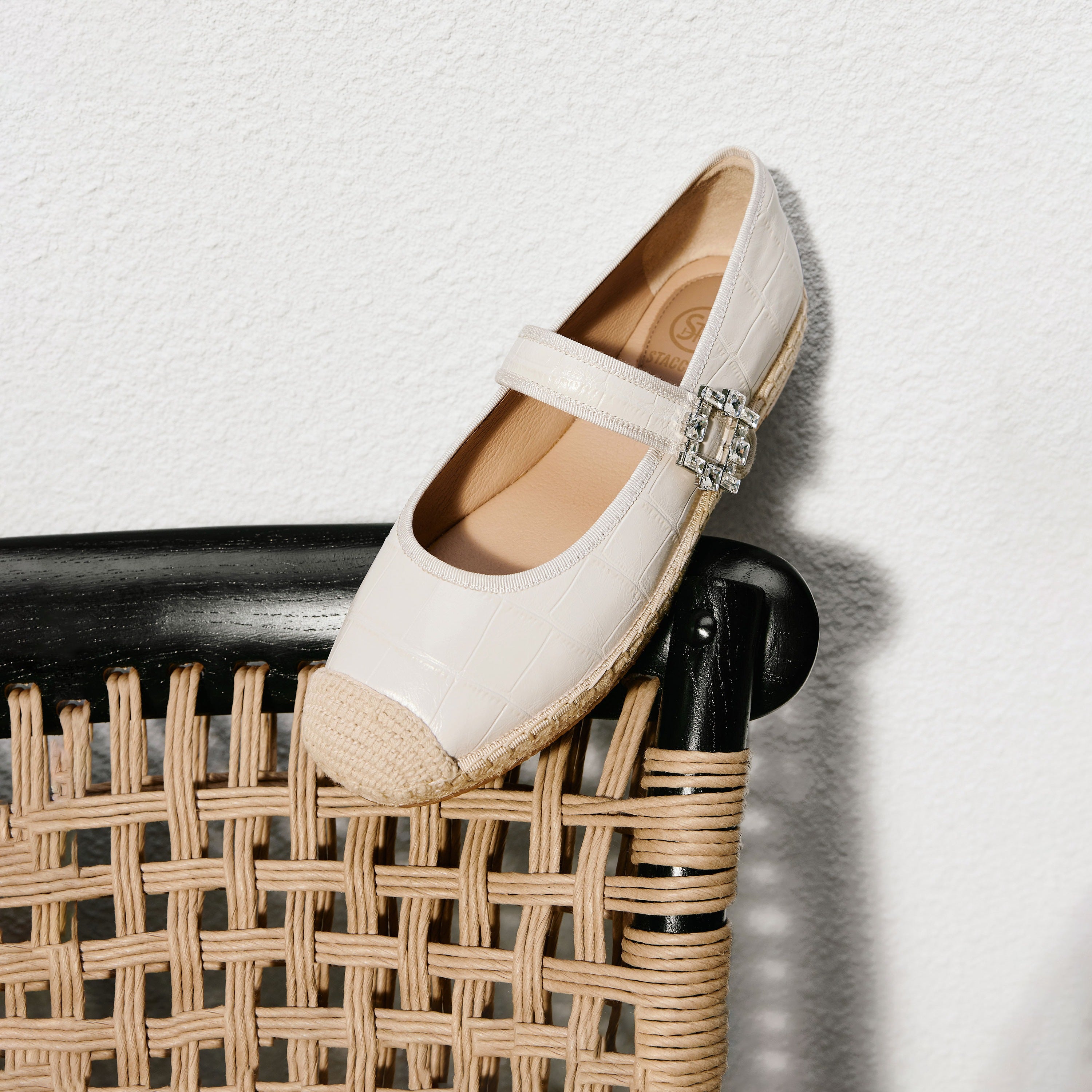 Beige Crystal Buckle Mary Jane Straw Shoes