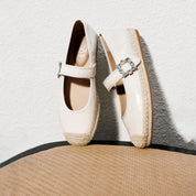Beige Crystal Buckle Mary Jane Straw Shoes
