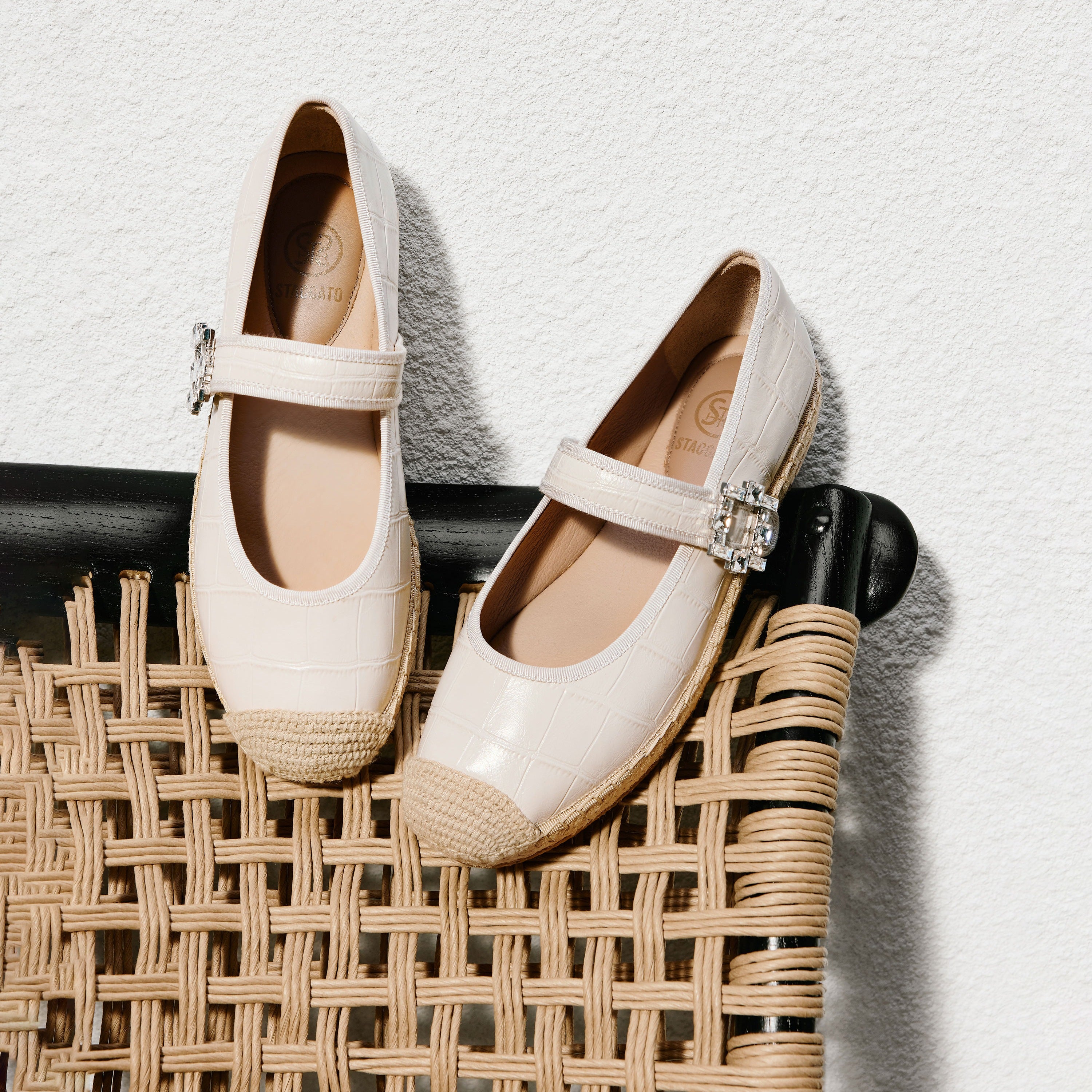 Beige Crystal Buckle Mary Jane Straw Shoes