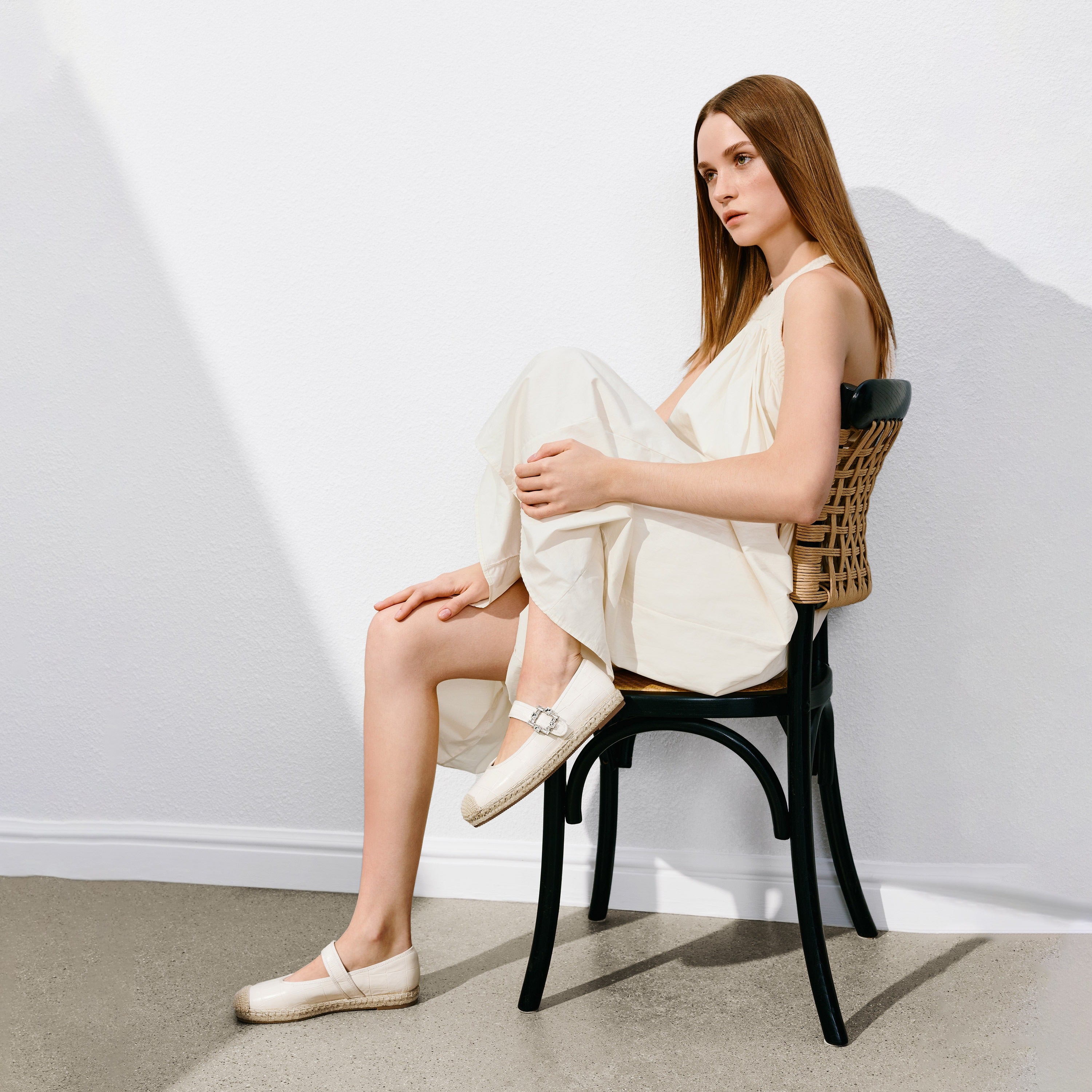 Beige Crystal Buckle Mary Jane Straw Shoes