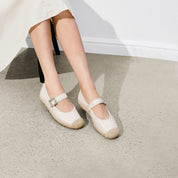 Beige Crystal Buckle Mary Jane Straw Shoes