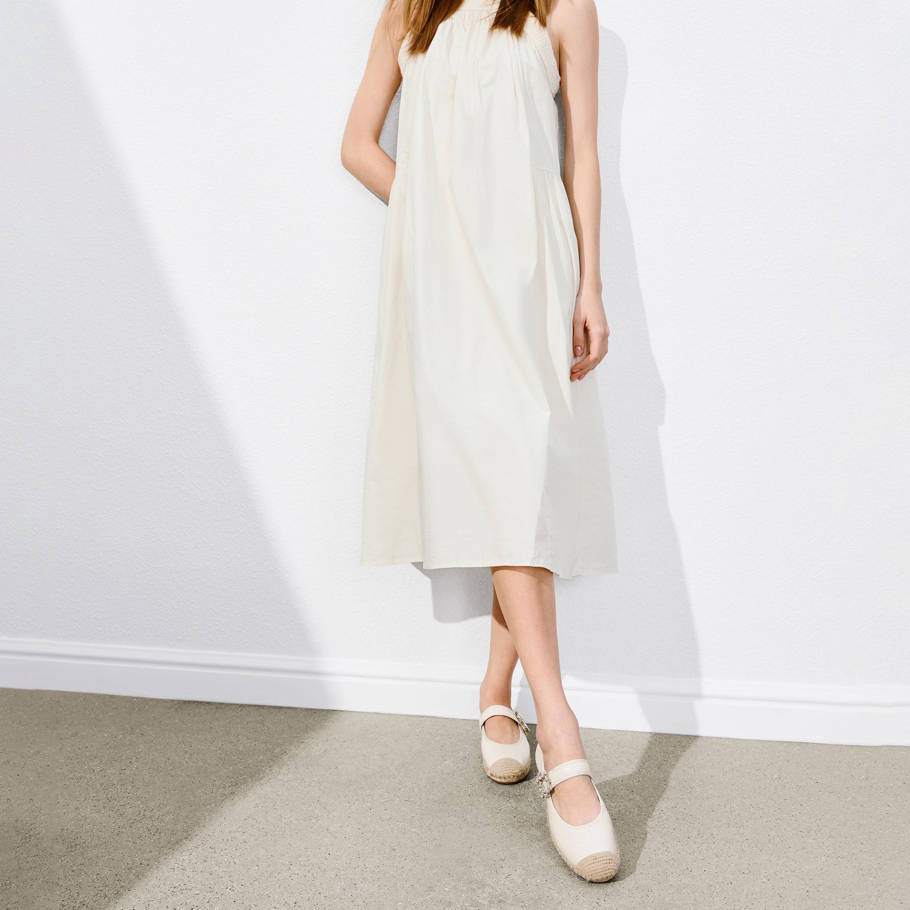 Beige Crystal Buckle Mary Jane Straw Shoes