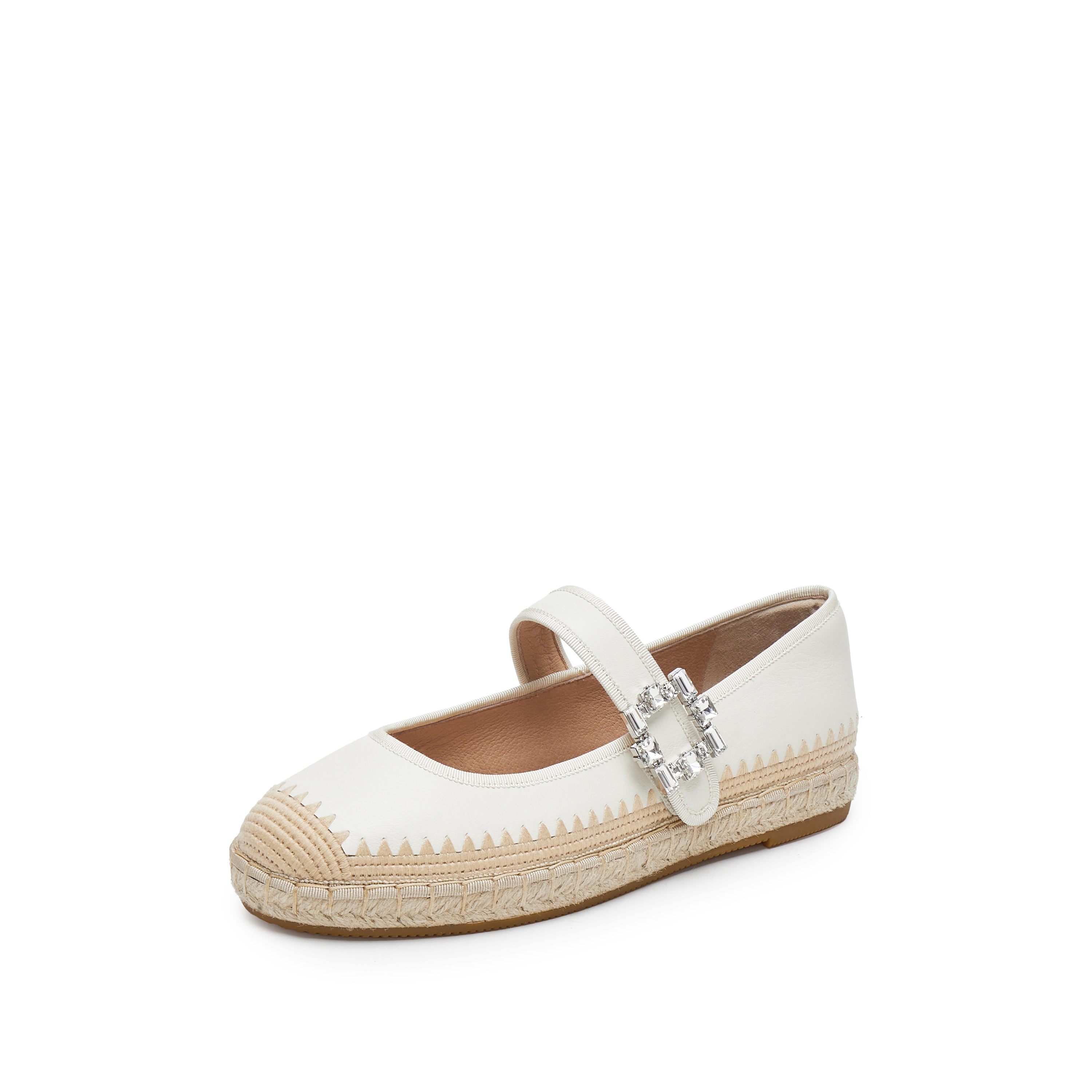 Beige Crystal Buckle Mary Jane Espadrilles