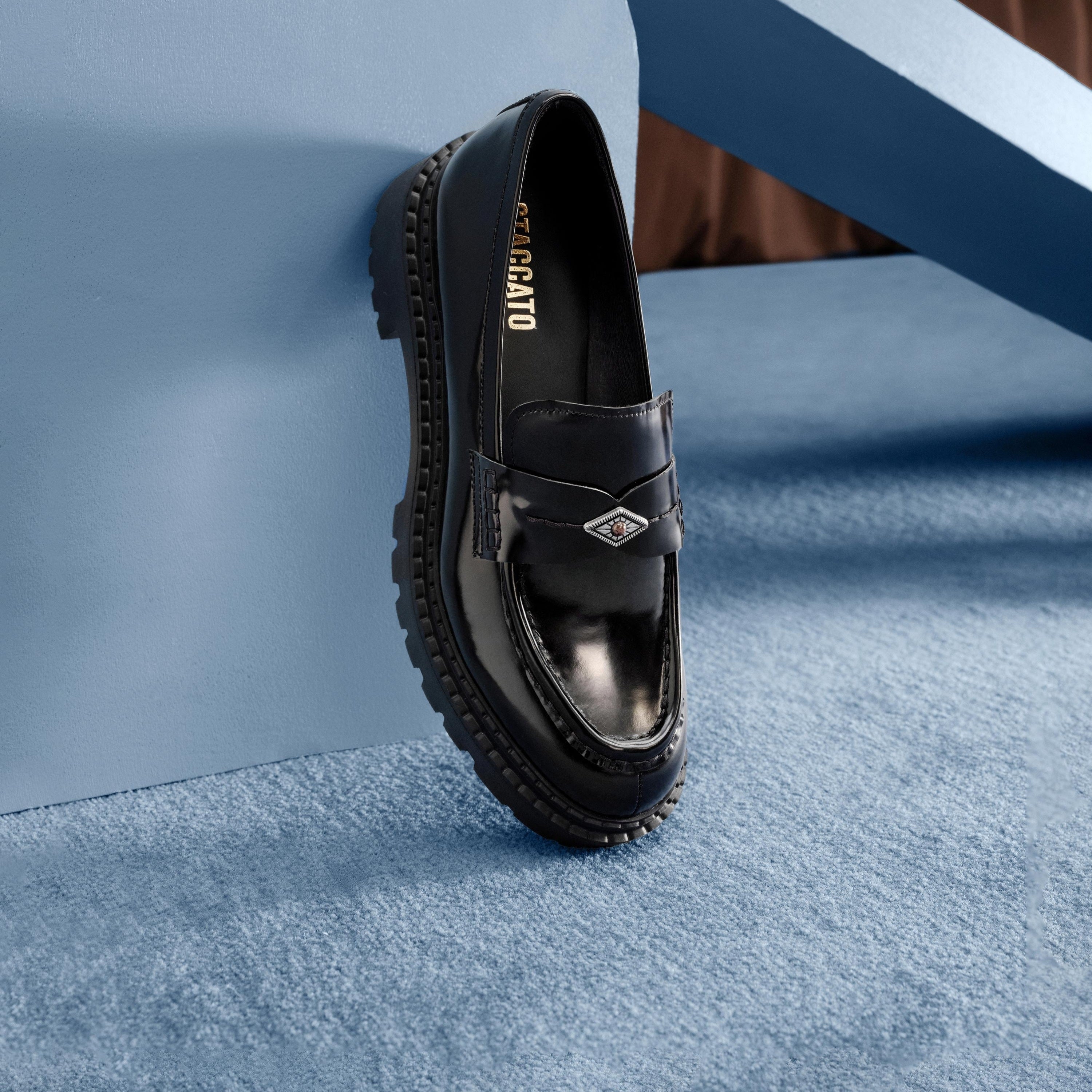 Black ST Gem Leather Platform Loafers