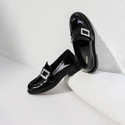 Black Crystal Square Buckle Classic Loafers
