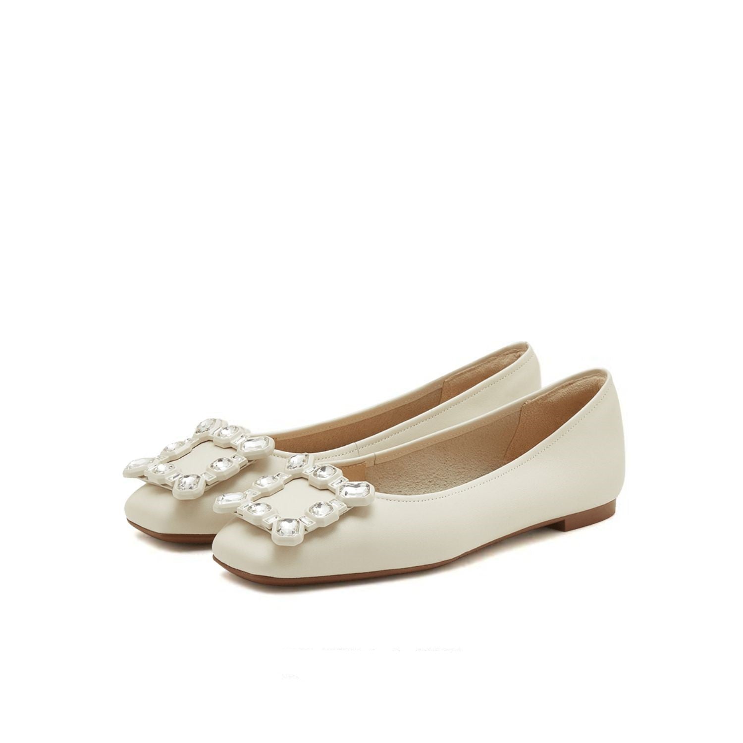 Beige Crystal Buckle Leather Flats