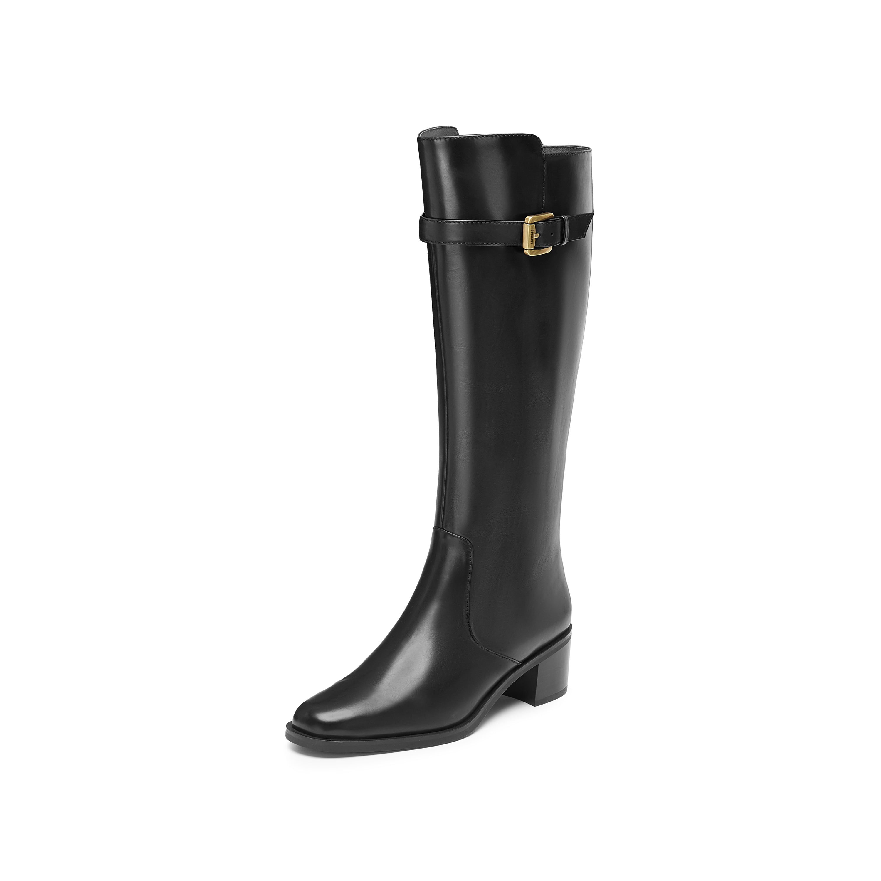 Black Golden Buckle Long Heeled Riding Boots