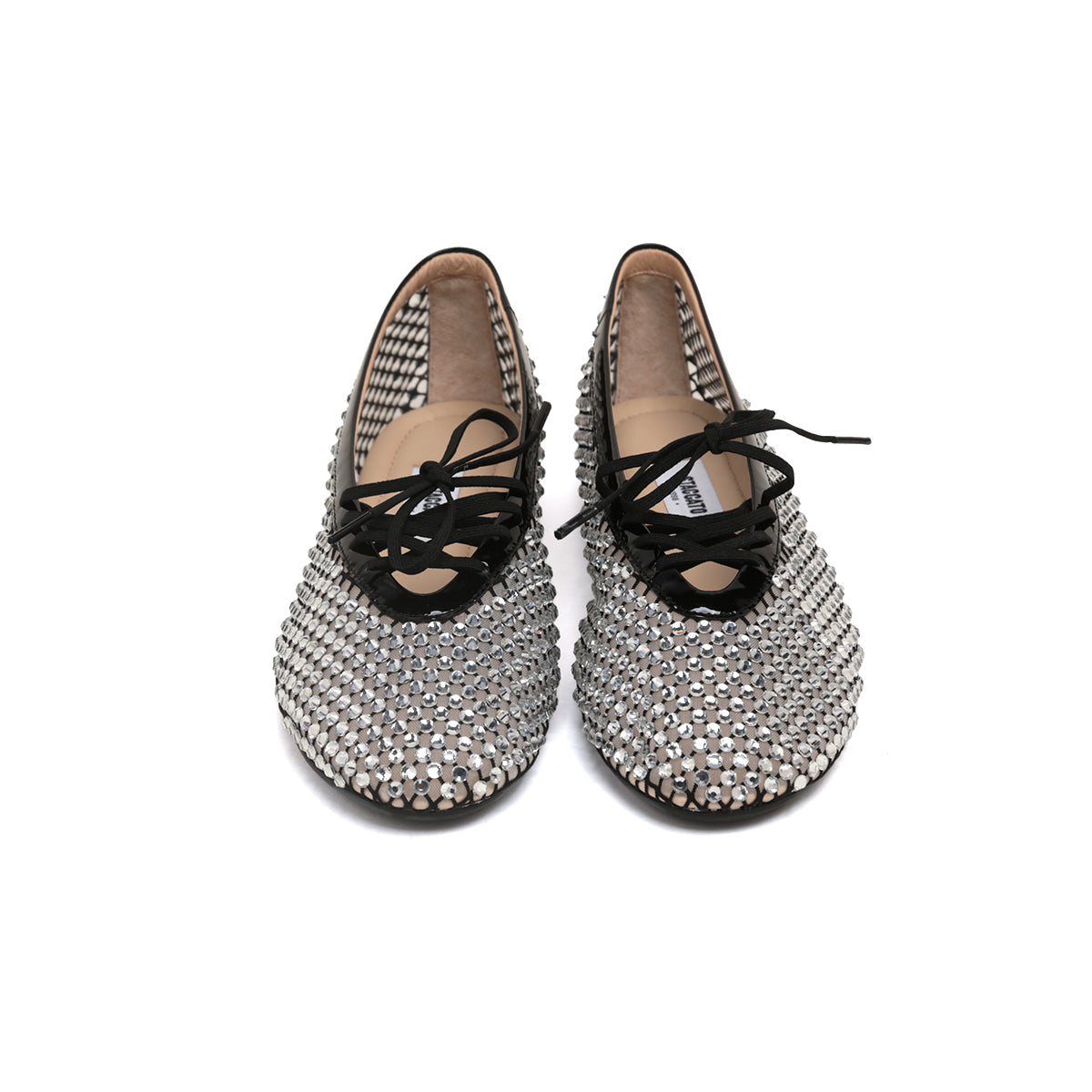 Black Mesh Crystal Embellished Ballet Flats