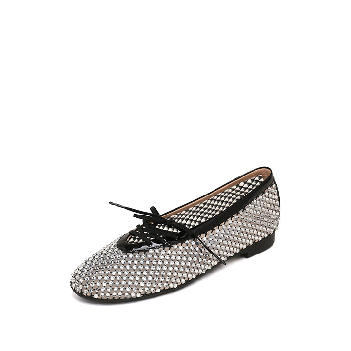 Black Mesh Crystal Embellished Ballet Flats