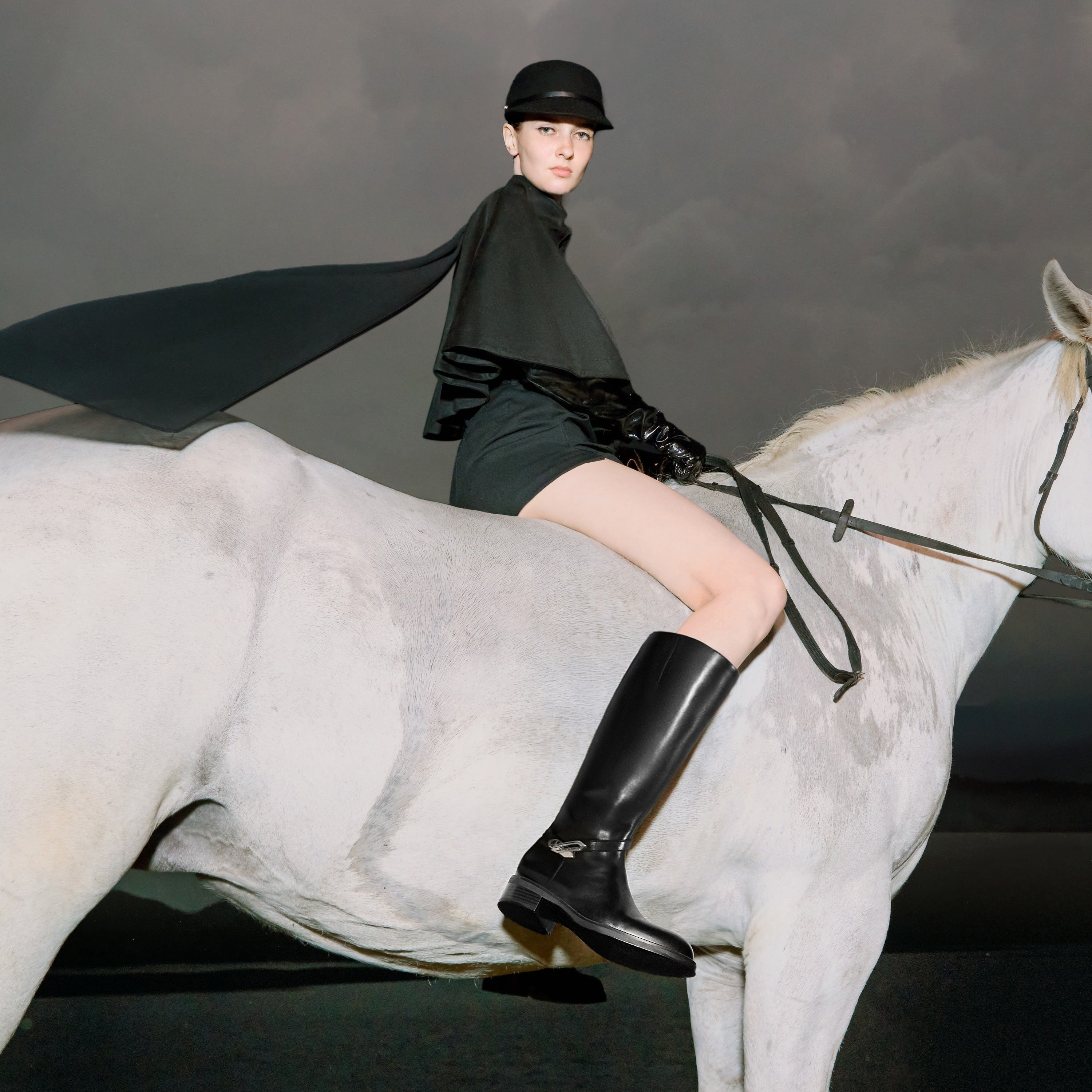 Black Buckle Ankle Strap High Knee Boots