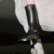 Black Buckle Ankle Strap High Knee Boots