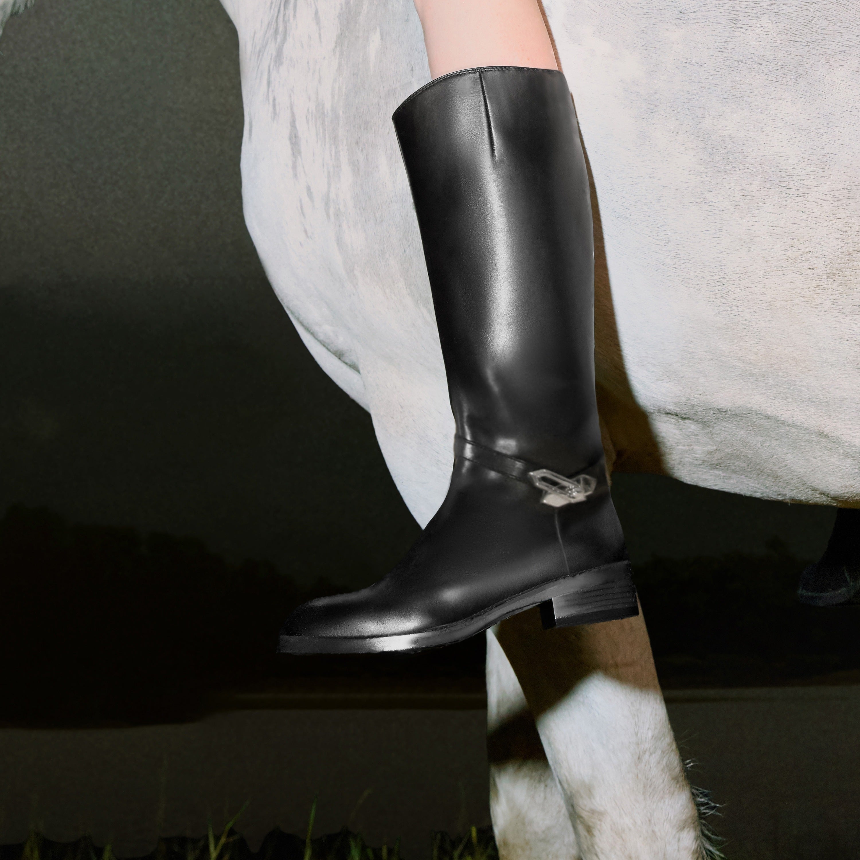 Black Buckle Ankle Strap High Knee Boots