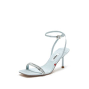 Baby Blue Crystal-Knitted Ankle Block Heeled Sandals