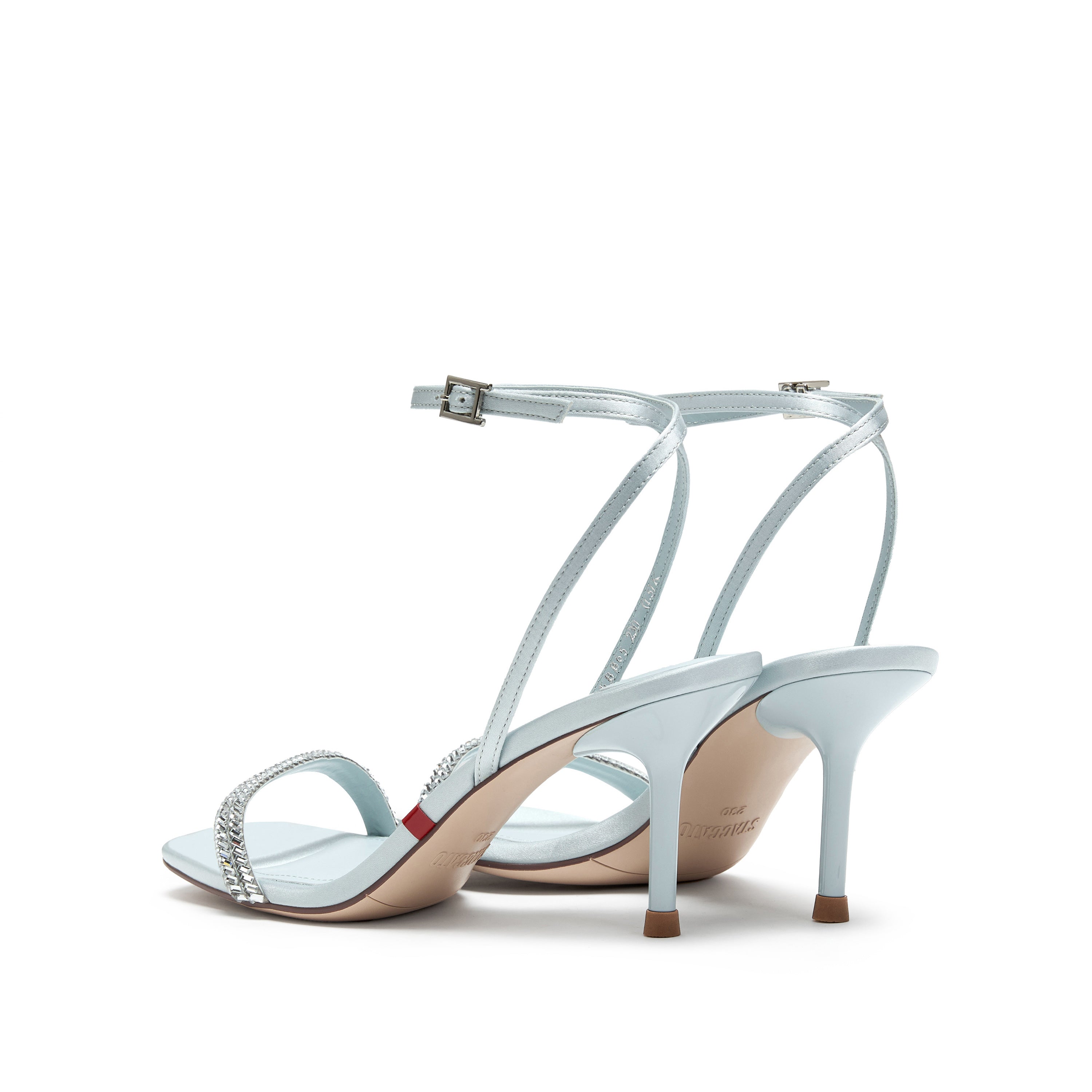 Baby Blue Crystal-Knitted Ankle Block Heeled Sandals
