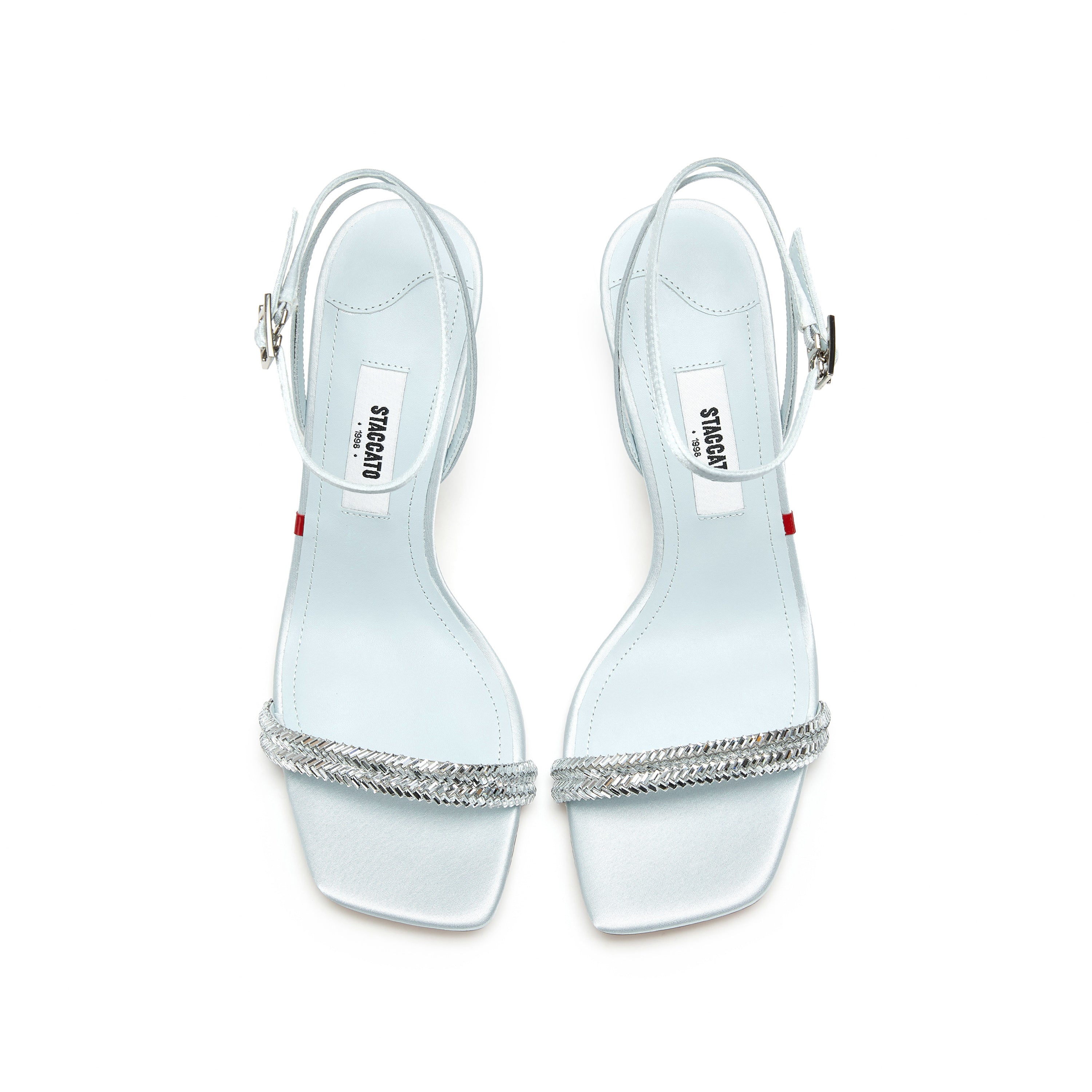 Baby Blue Crystal-Knitted Ankle Block Heeled Sandals