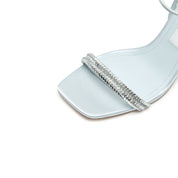 Baby Blue Crystal-Knitted Ankle Block Heeled Sandals