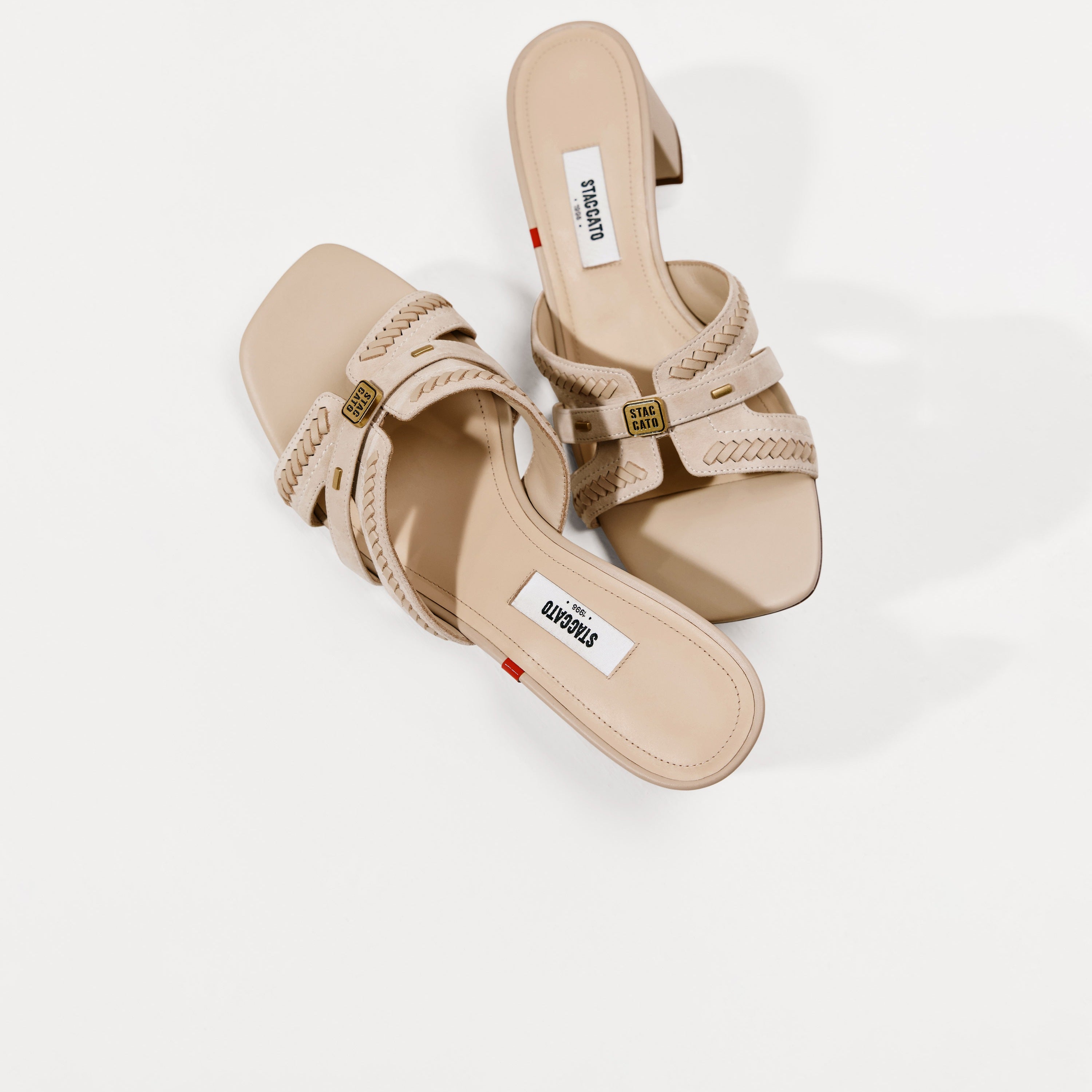 Beige ST Suede Cube-Embellished Heeled Sandals