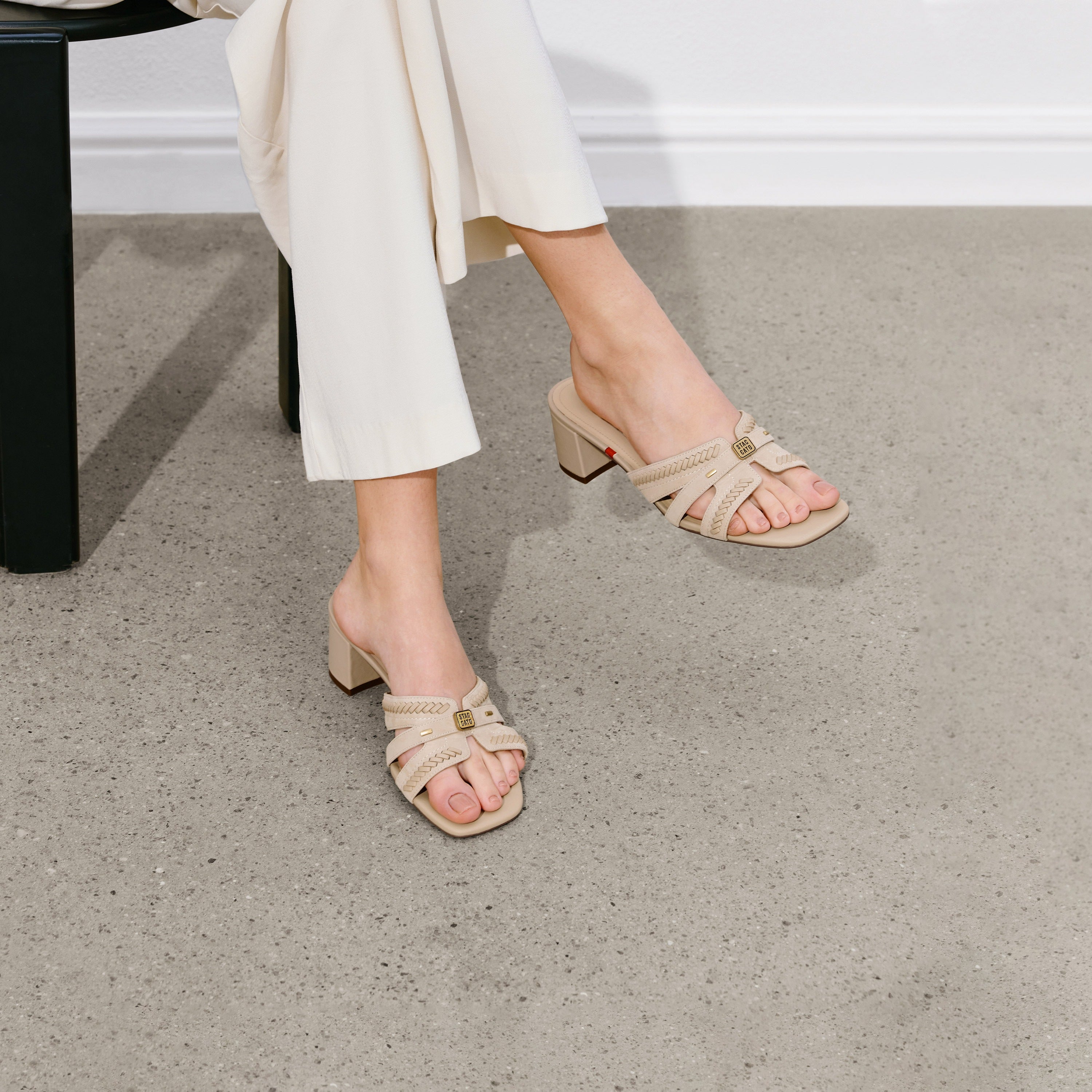 Beige ST Suede Cube-Embellished Heeled Sandals