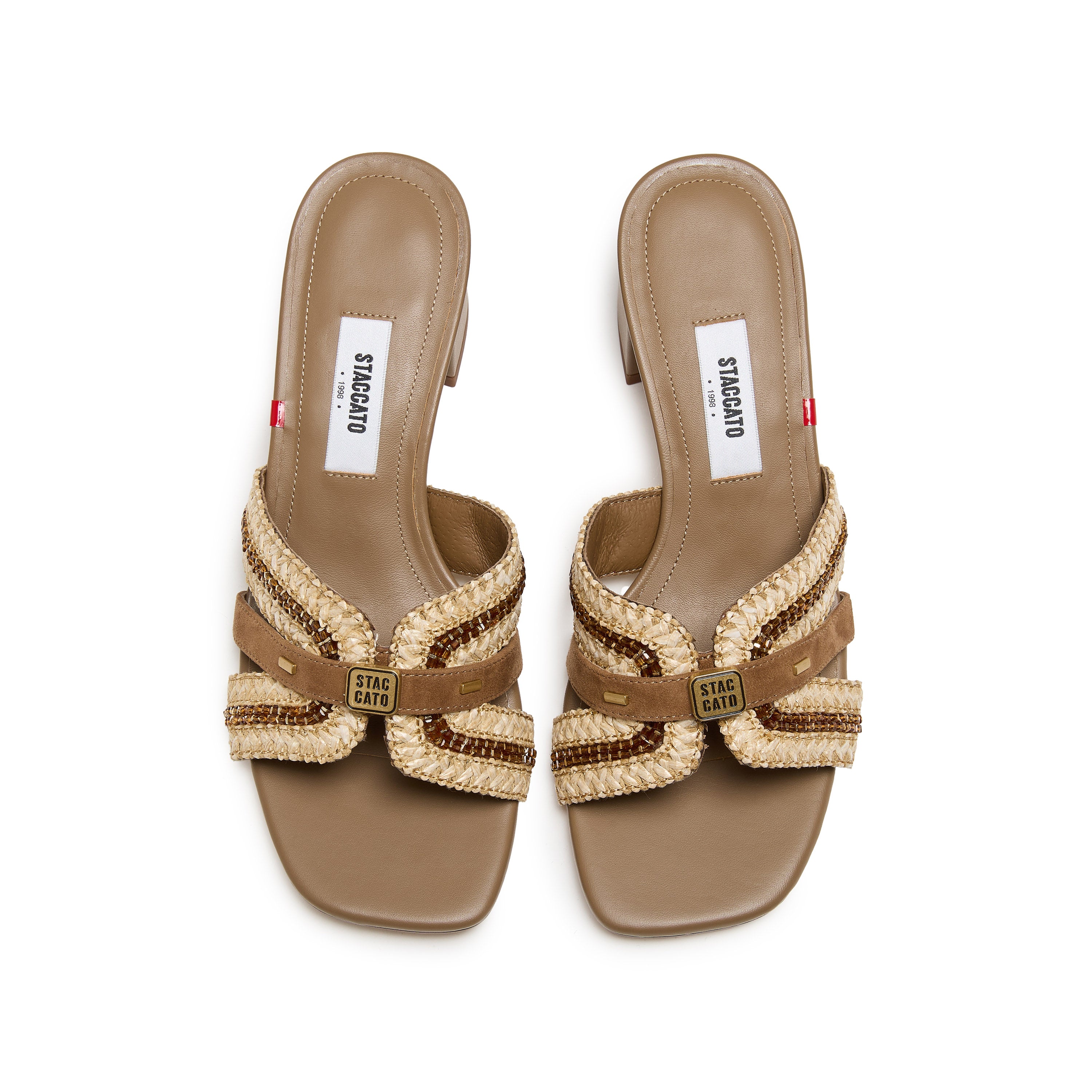 Taupe ST Straw Cube-Embellished Heeled Sandals