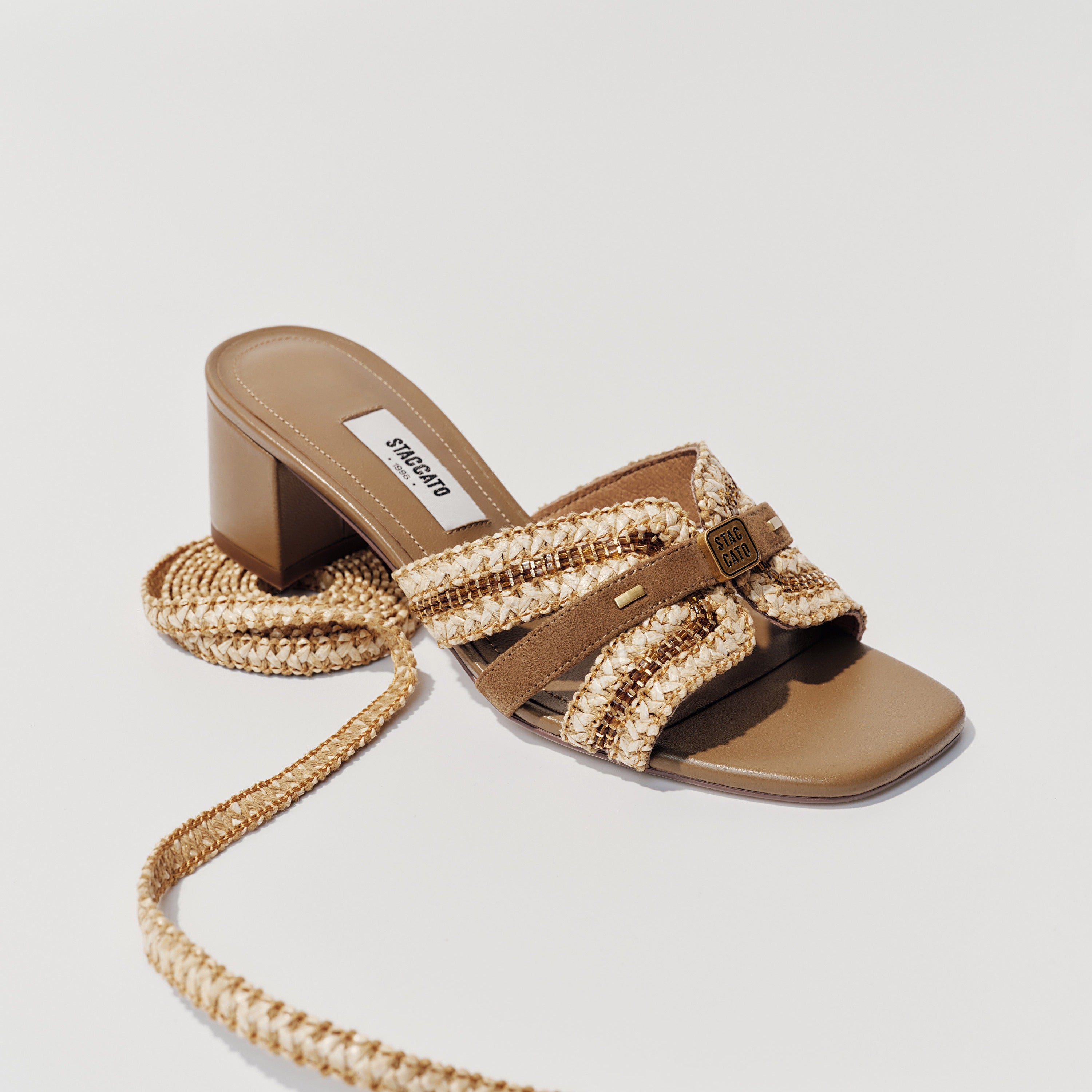 Taupe ST Straw Cube-Embellished Heeled Sandals