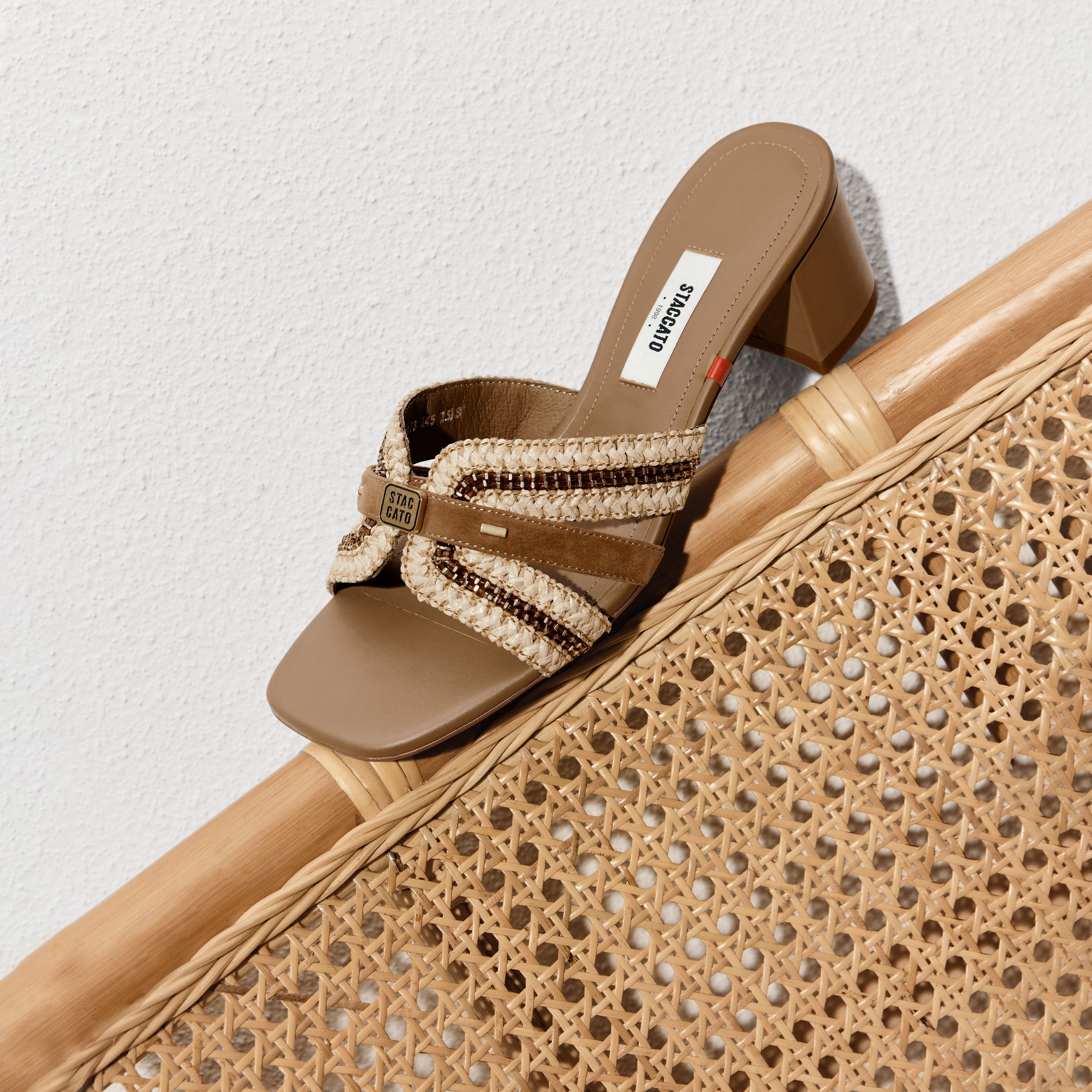 Taupe ST Straw Cube-Embellished Heeled Sandals