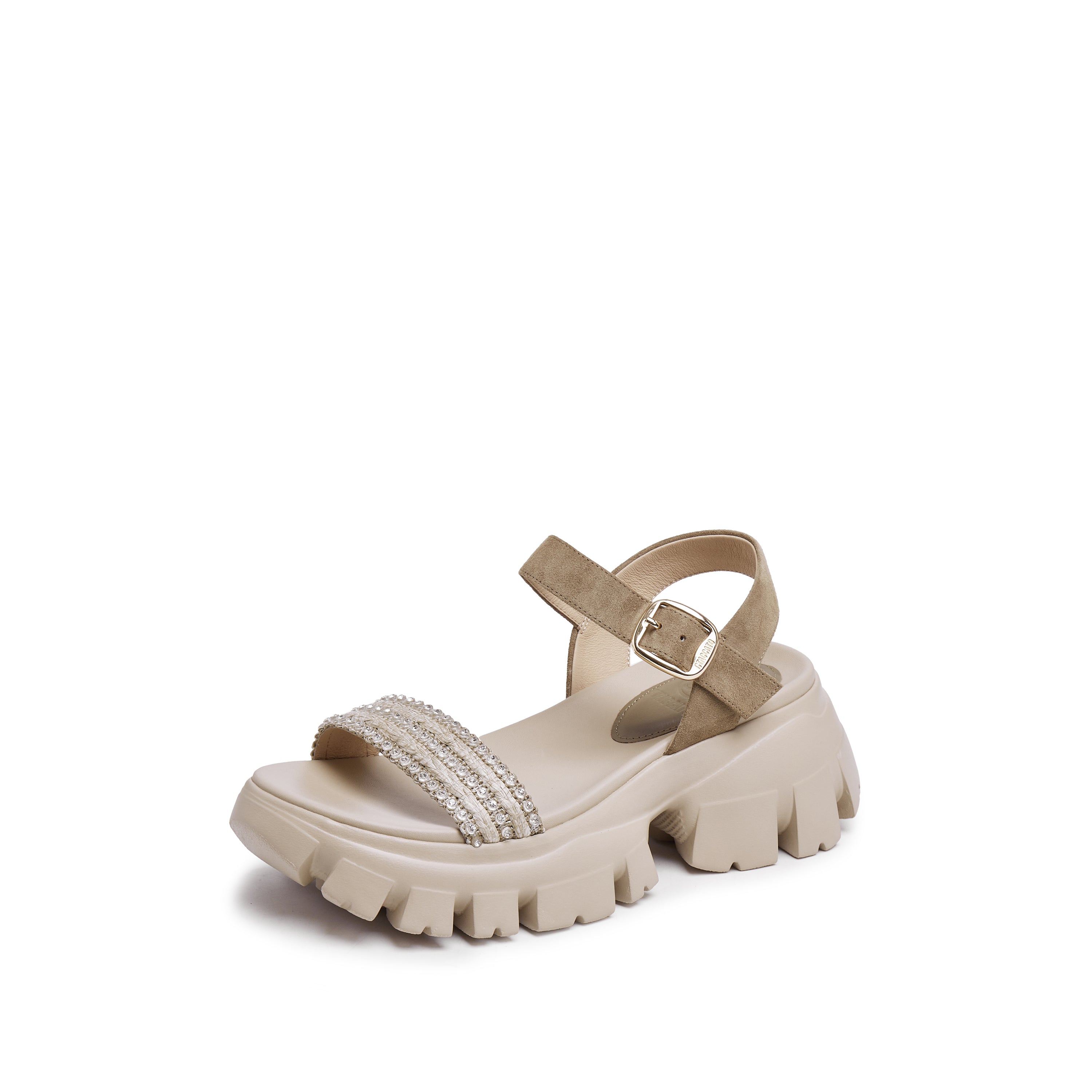 Sand Suede Crystal Straw Strap Sandals