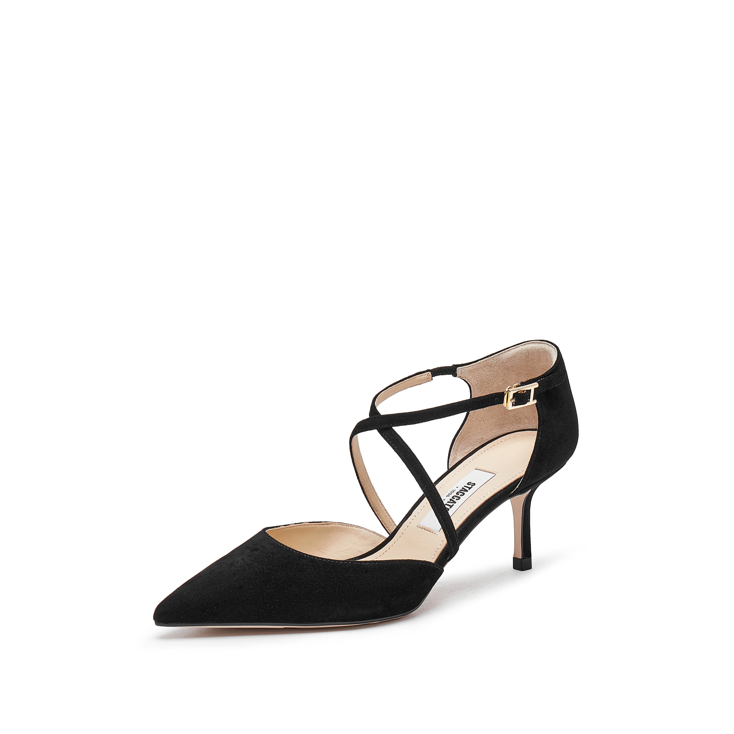 Black Cross Strap Pointy Suede Pumps