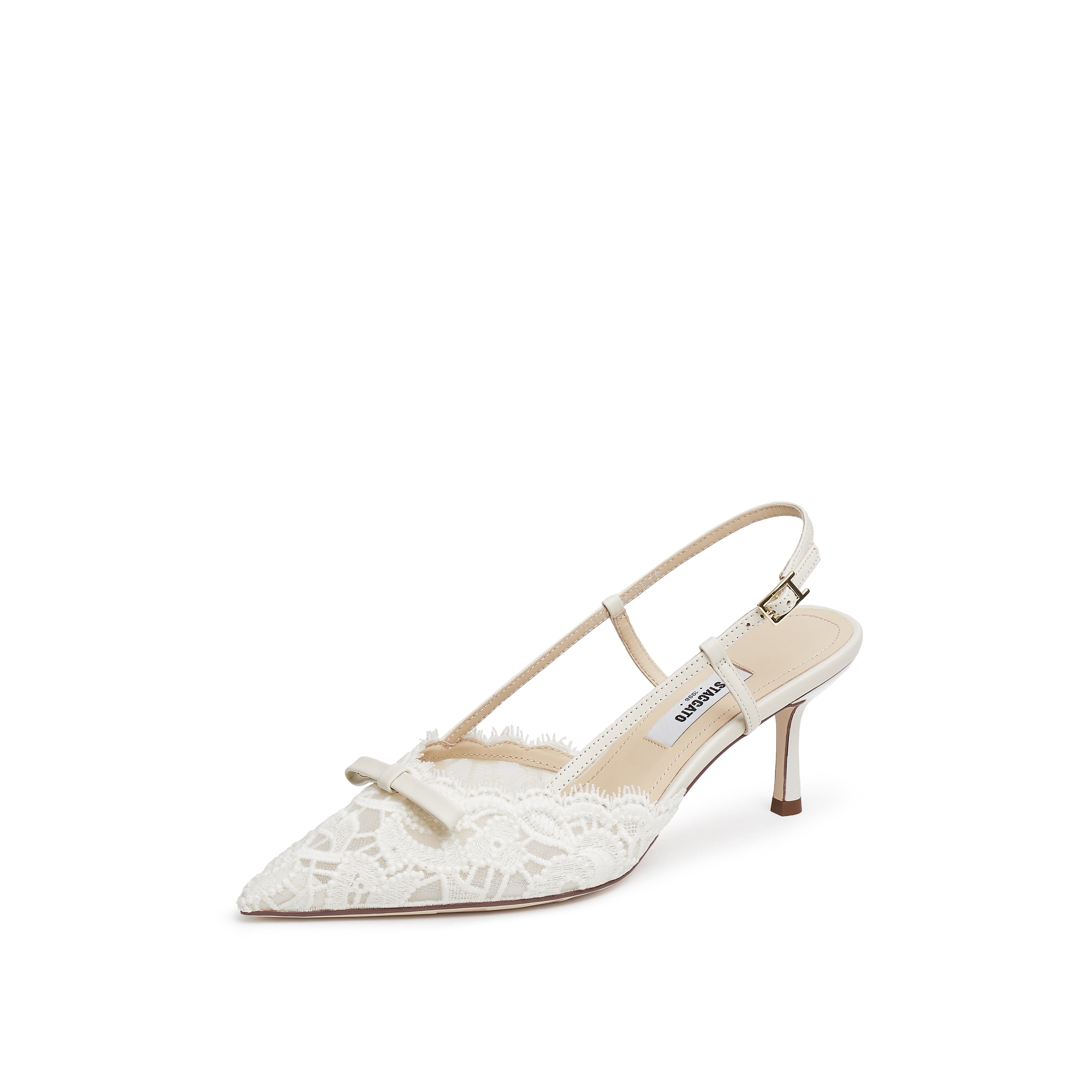 Beige Bow Tie Lace Slingback Pumps