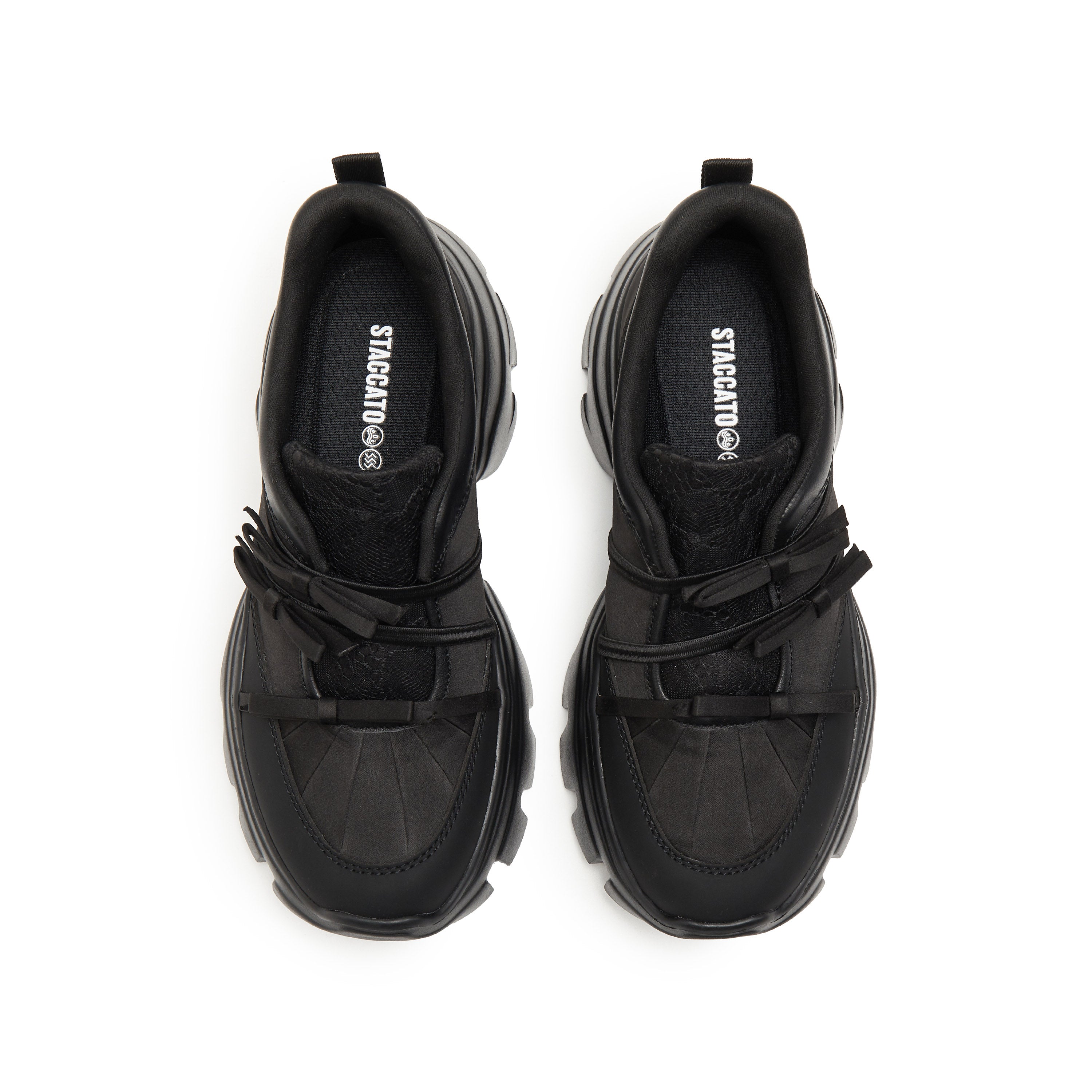 Black Leather Lace Bows Chunky Sneakers