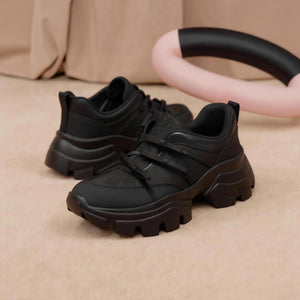 Black Leather Lace Bows Chunky Sneakers