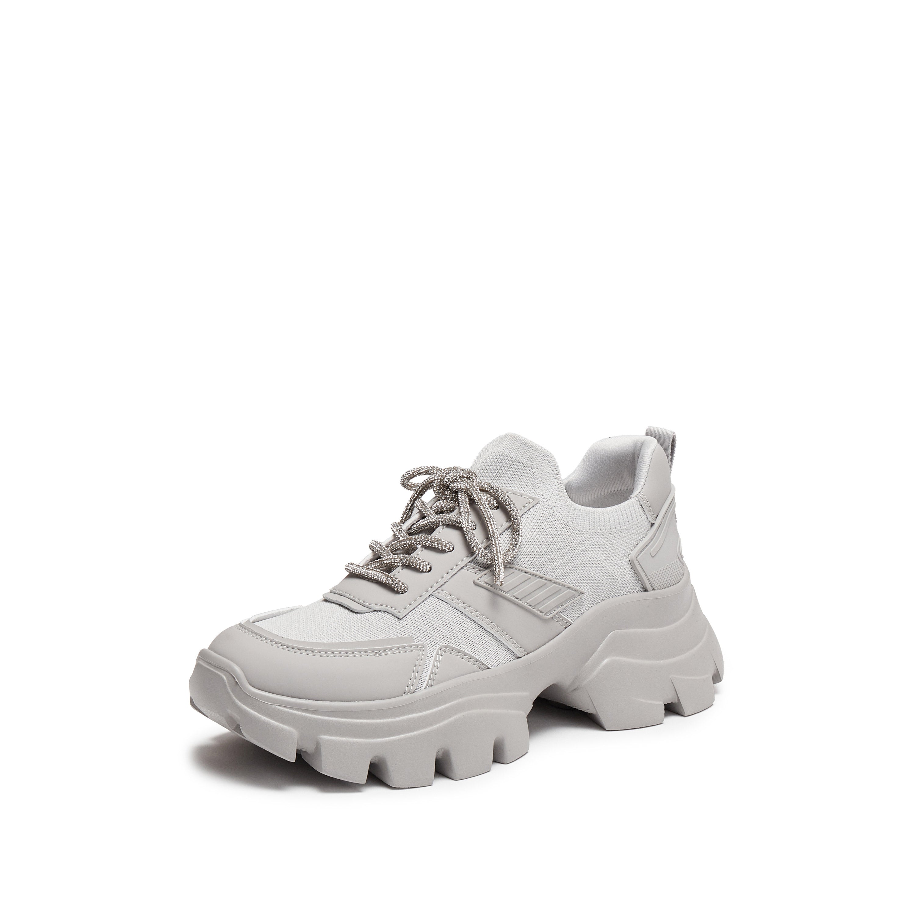 Grey Crystal Lace Up Slip On Chunky Sneakers