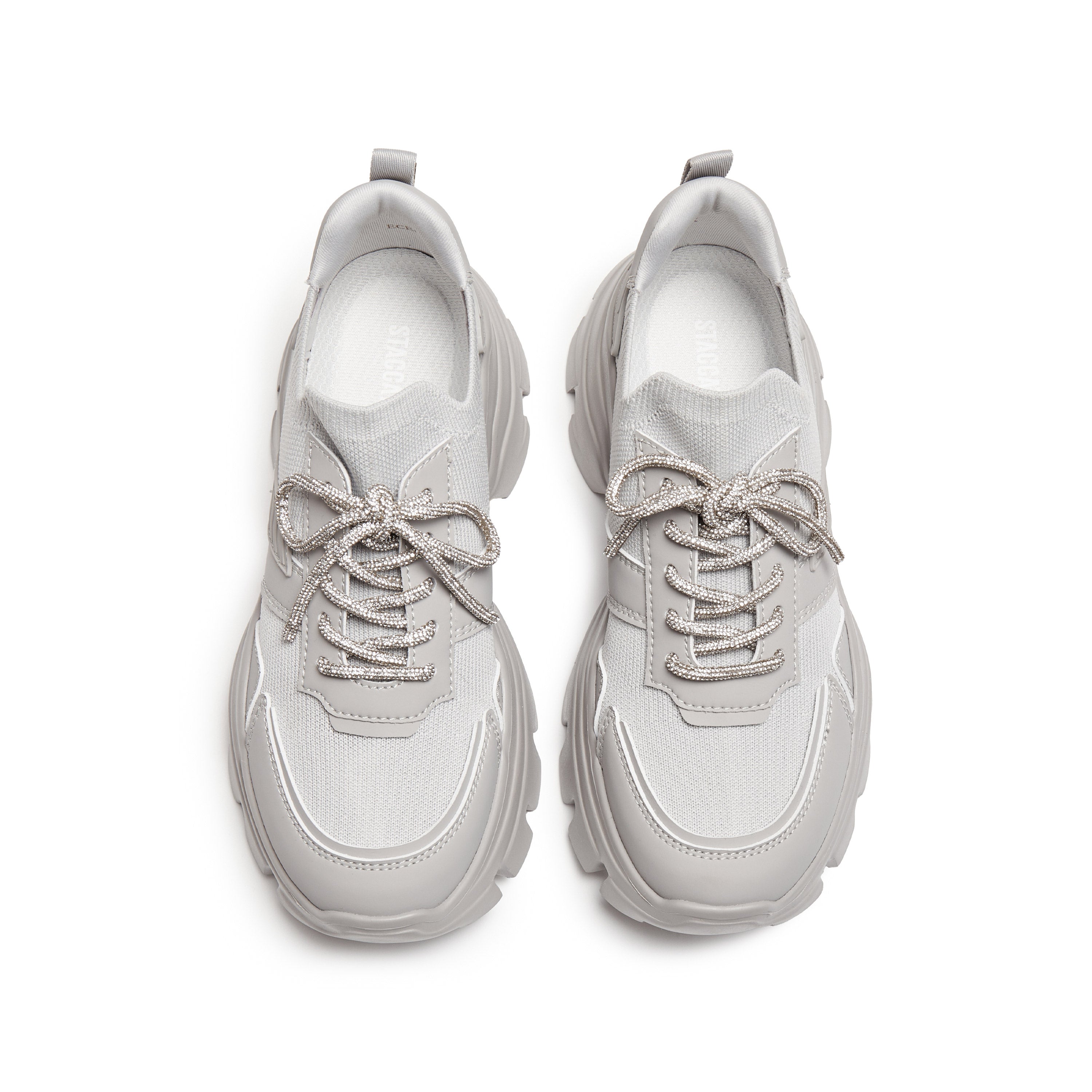 Grey Crystal Lace Up Slip On Chunky Sneakers