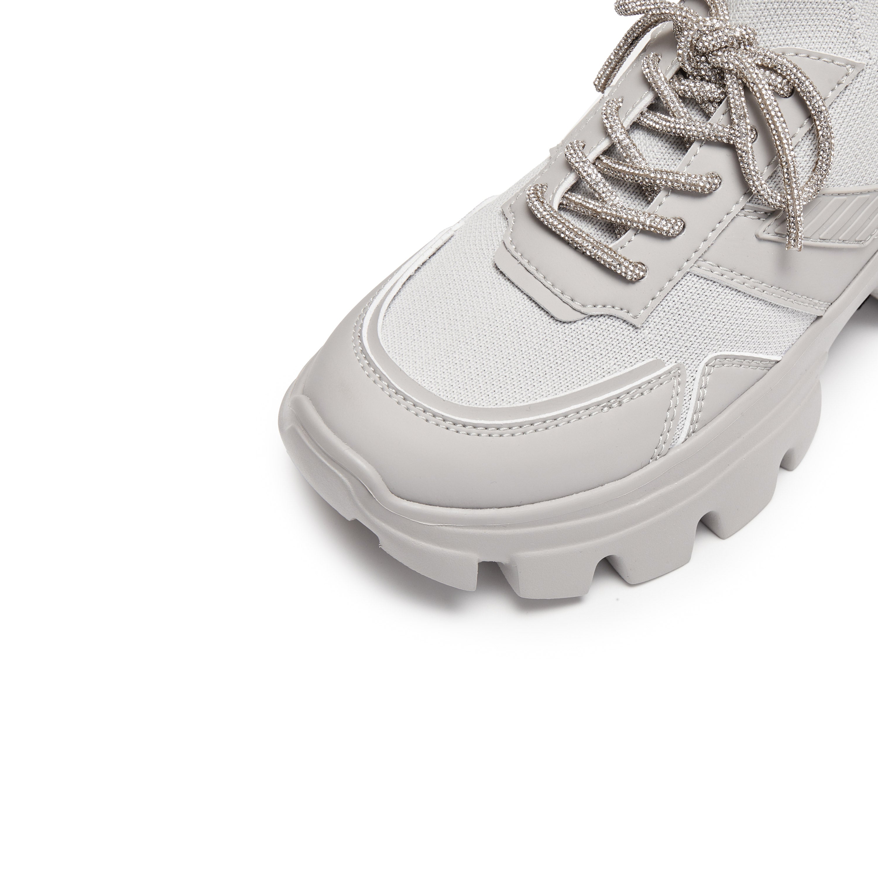 Grey Crystal Lace Up Slip On Chunky Sneakers