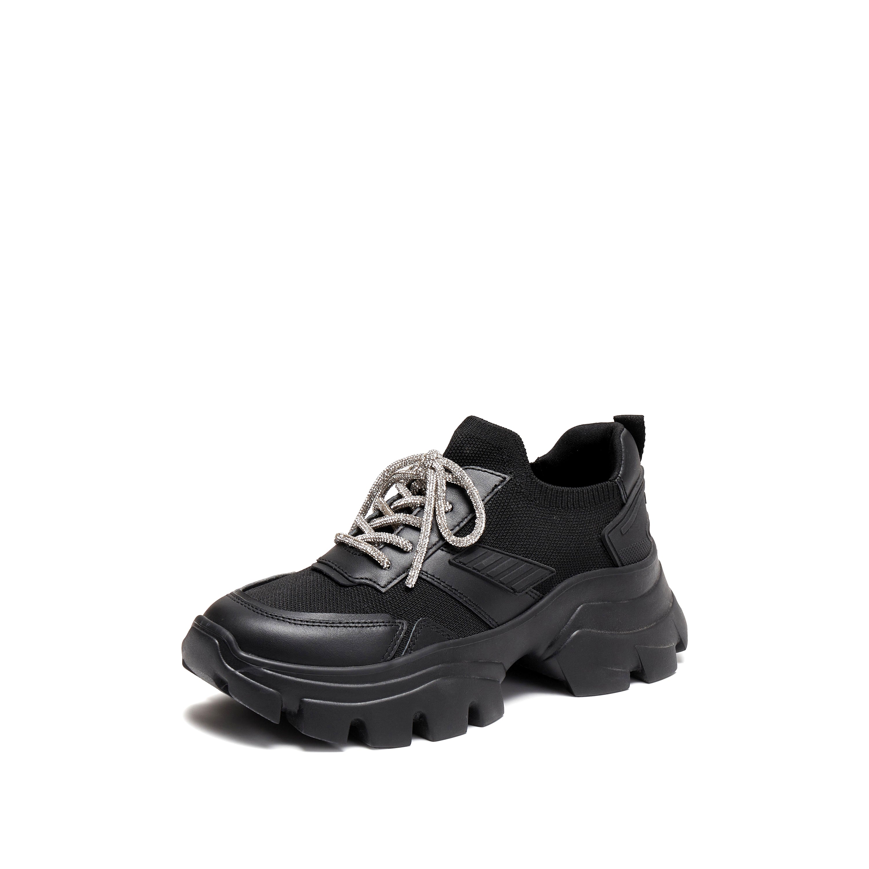 Black Crystal Lace Up Slip On Chunky Sneakers