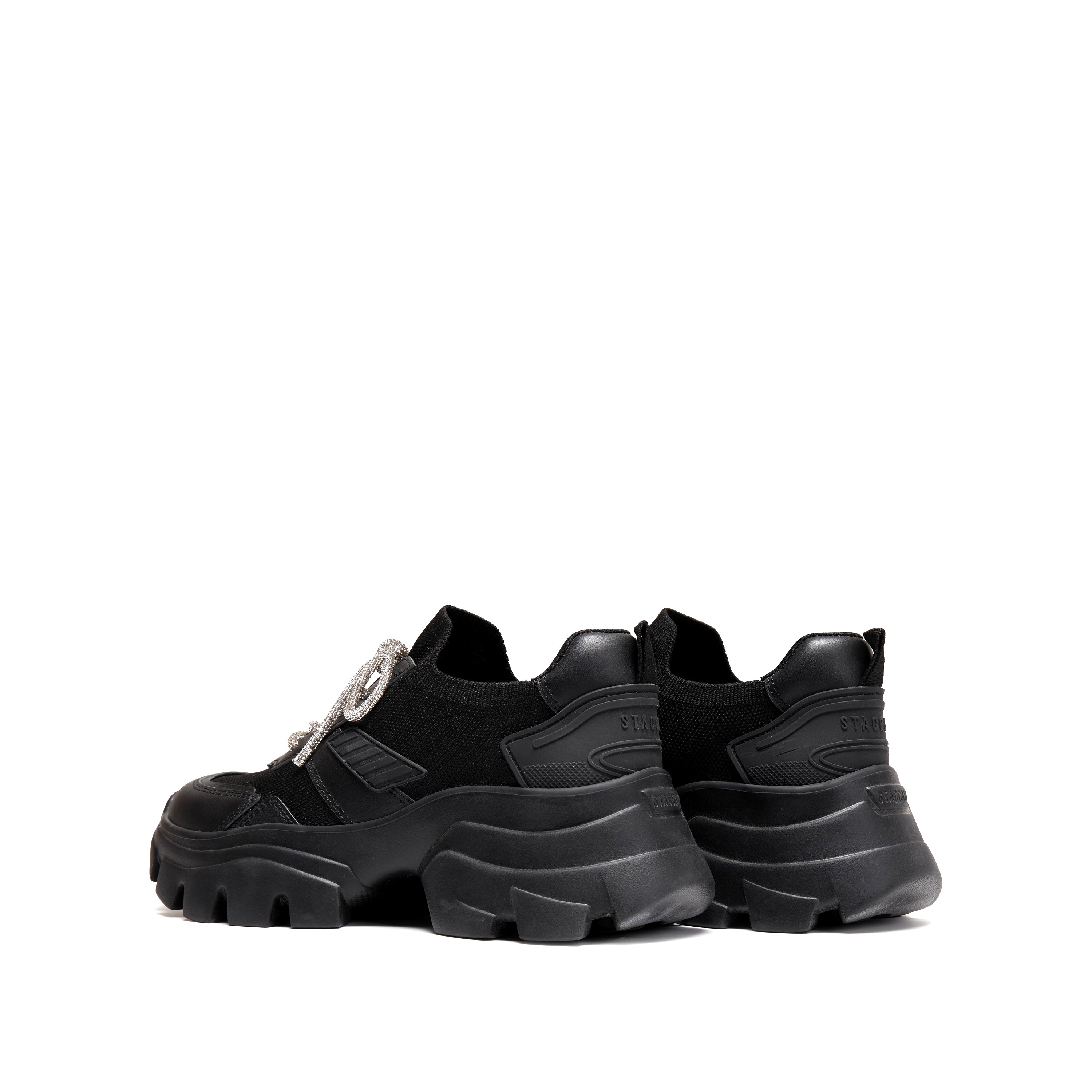 Black Crystal Lace Up Slip On Chunky Sneakers