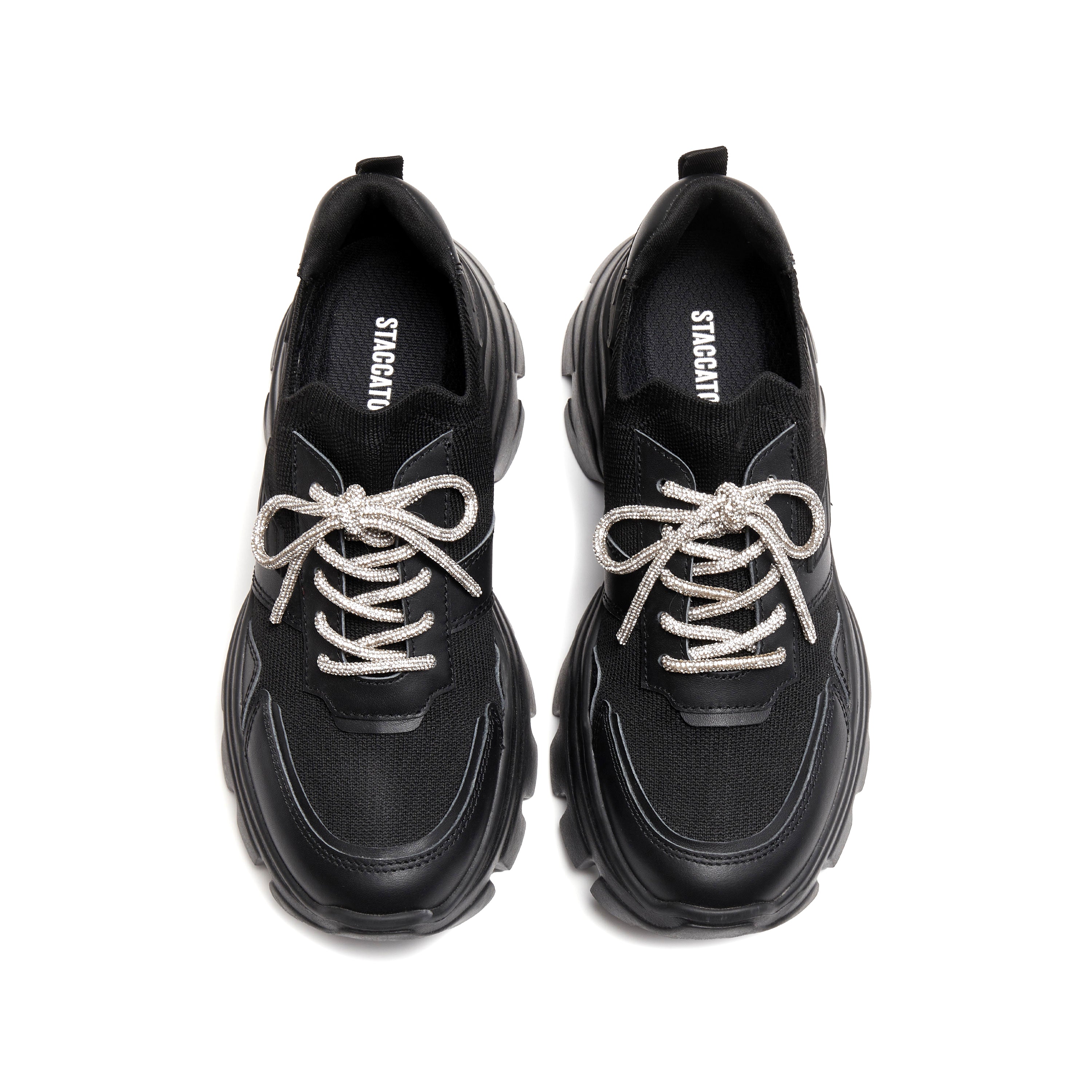 Black Crystal Lace Up Slip On Chunky Sneakers