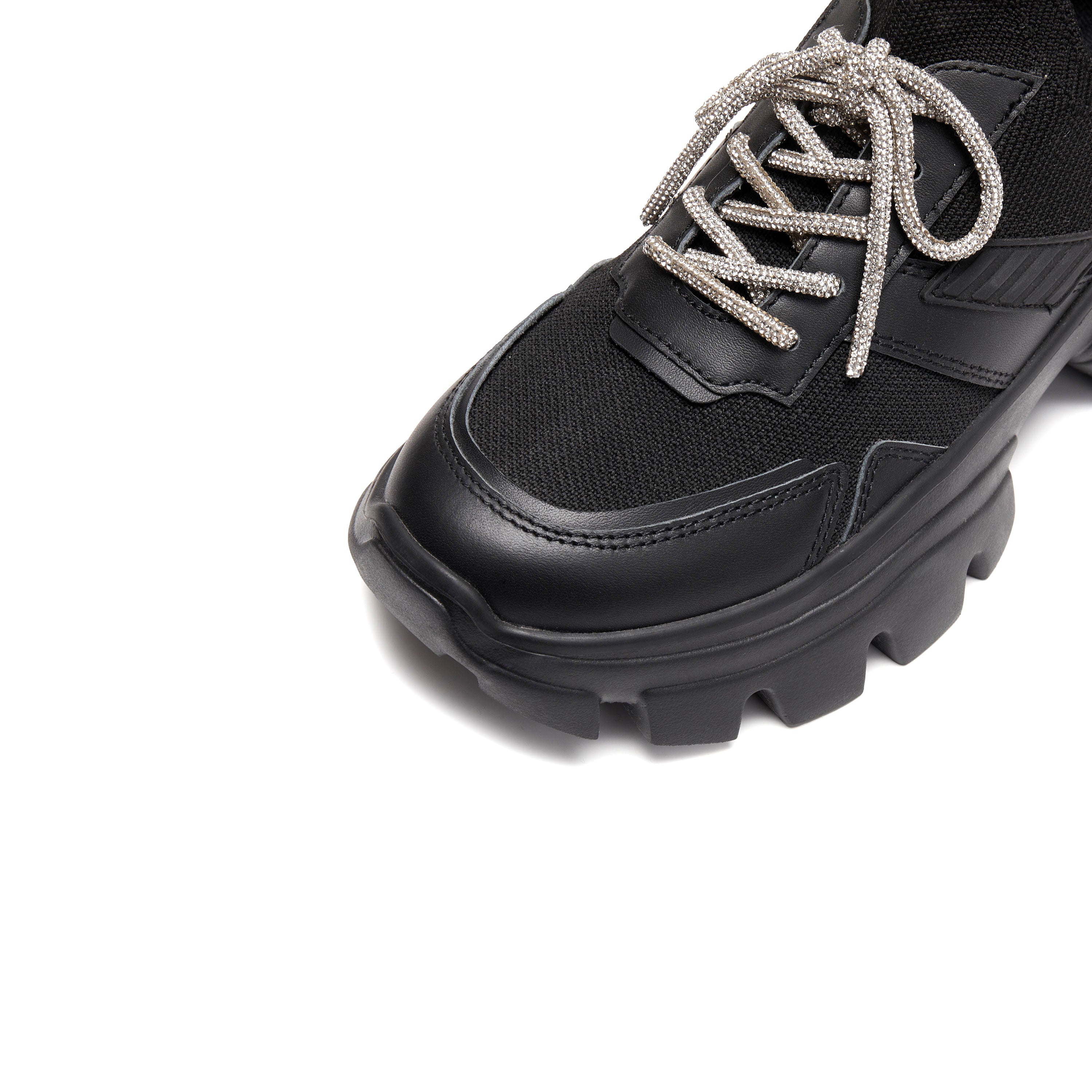 Black Crystal Lace Up Slip On Chunky Sneakers